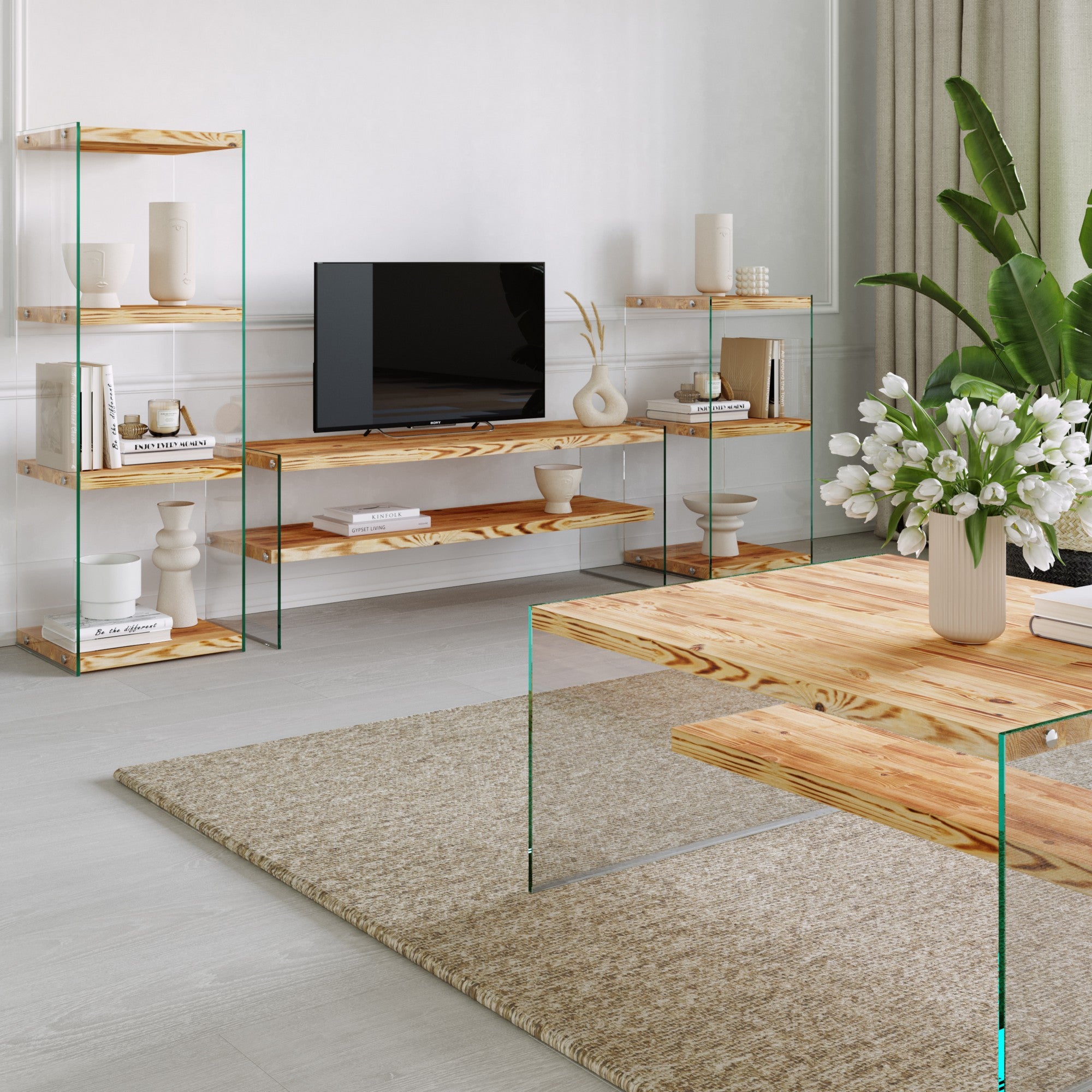 Suporte de TV moderno em carvalho, 120 cm | 100% madeira maciça de pinho e vidro temperado, 8 mm de espessura | Montável na parede, várias prateleiras, capacidade de 20 kg cada | Elegante e funcional