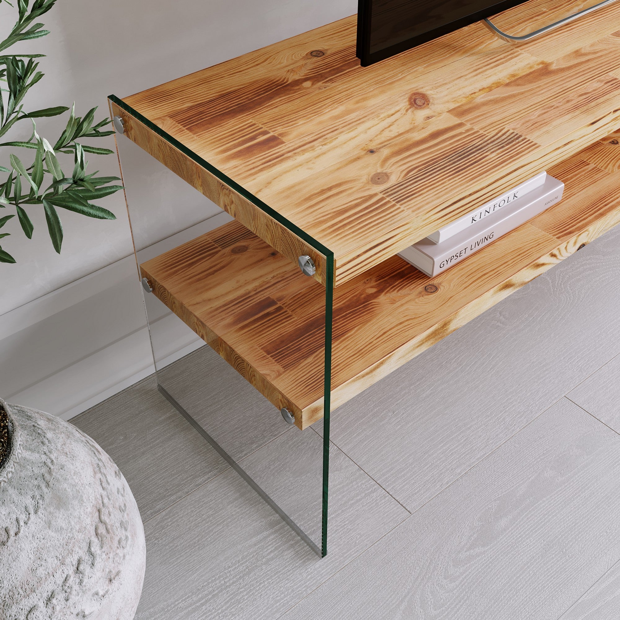 Suporte de TV moderno em carvalho, 120 cm | 100% madeira maciça de pinho e vidro temperado, 8 mm de espessura | Montável na parede, várias prateleiras, capacidade de 20 kg cada | Elegante e funcional
