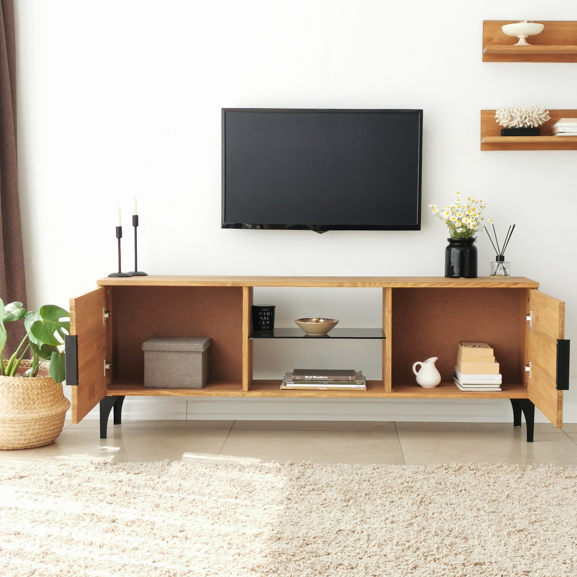 Móvel de TV rústico em carvalho com estrutura de metal, 100% madeira maciça de pinho, pés antibacterianos e antiferrugem | 150 x 30 x 40 cm | Elegante e funcional para espaços modernos