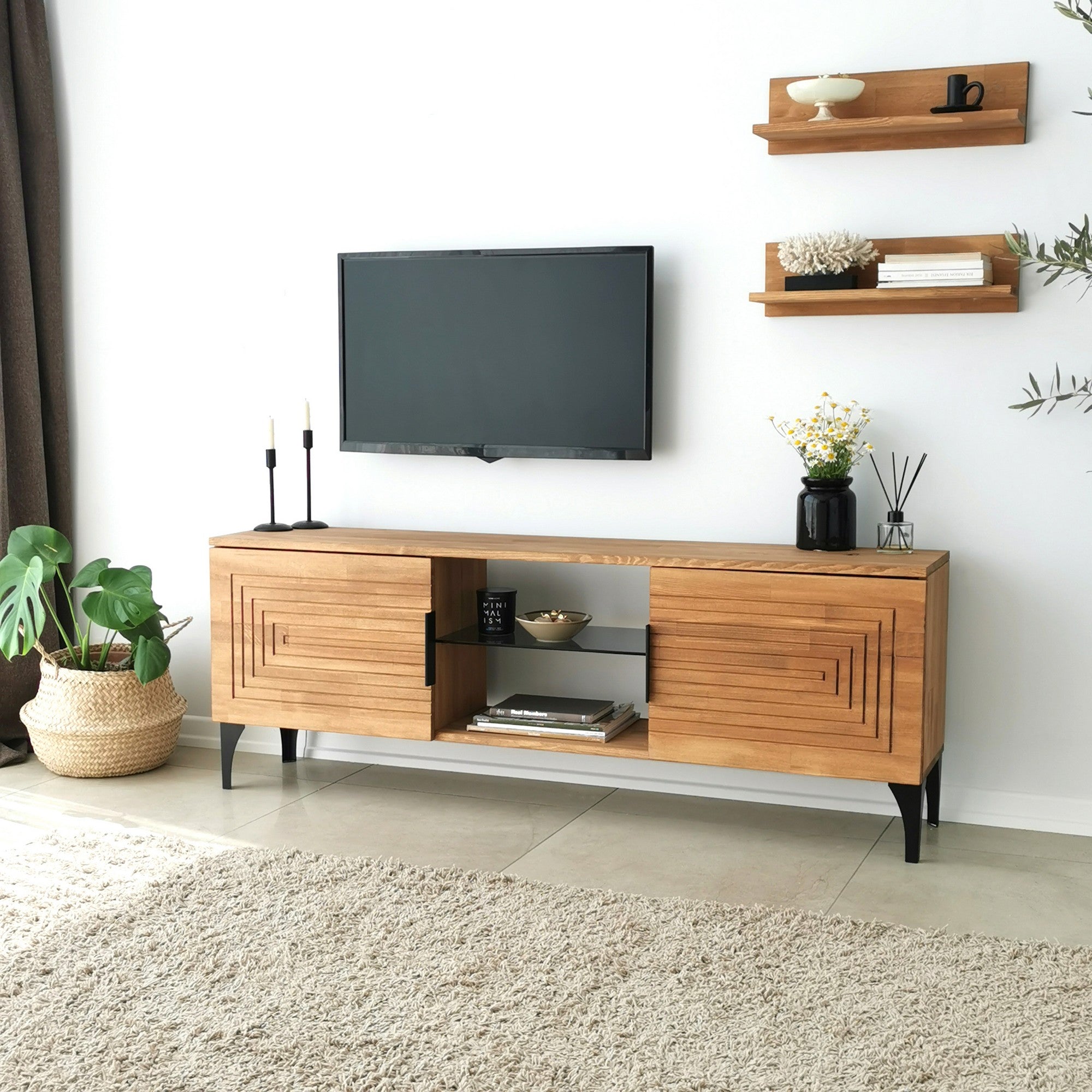 Móvel de TV rústico em carvalho com estrutura de metal, 100% madeira maciça de pinho, pés antibacterianos e antiferrugem | 150 x 30 x 40 cm | Elegante e funcional para espaços modernos