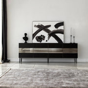 Suporte de TV elegante, preto e fumê, 180 x 59 x 35 cm | Painel de partículas 100% revestido em melamina, 18 mm de espessura | Design moderno para salas de estar e espaços de entretenimento