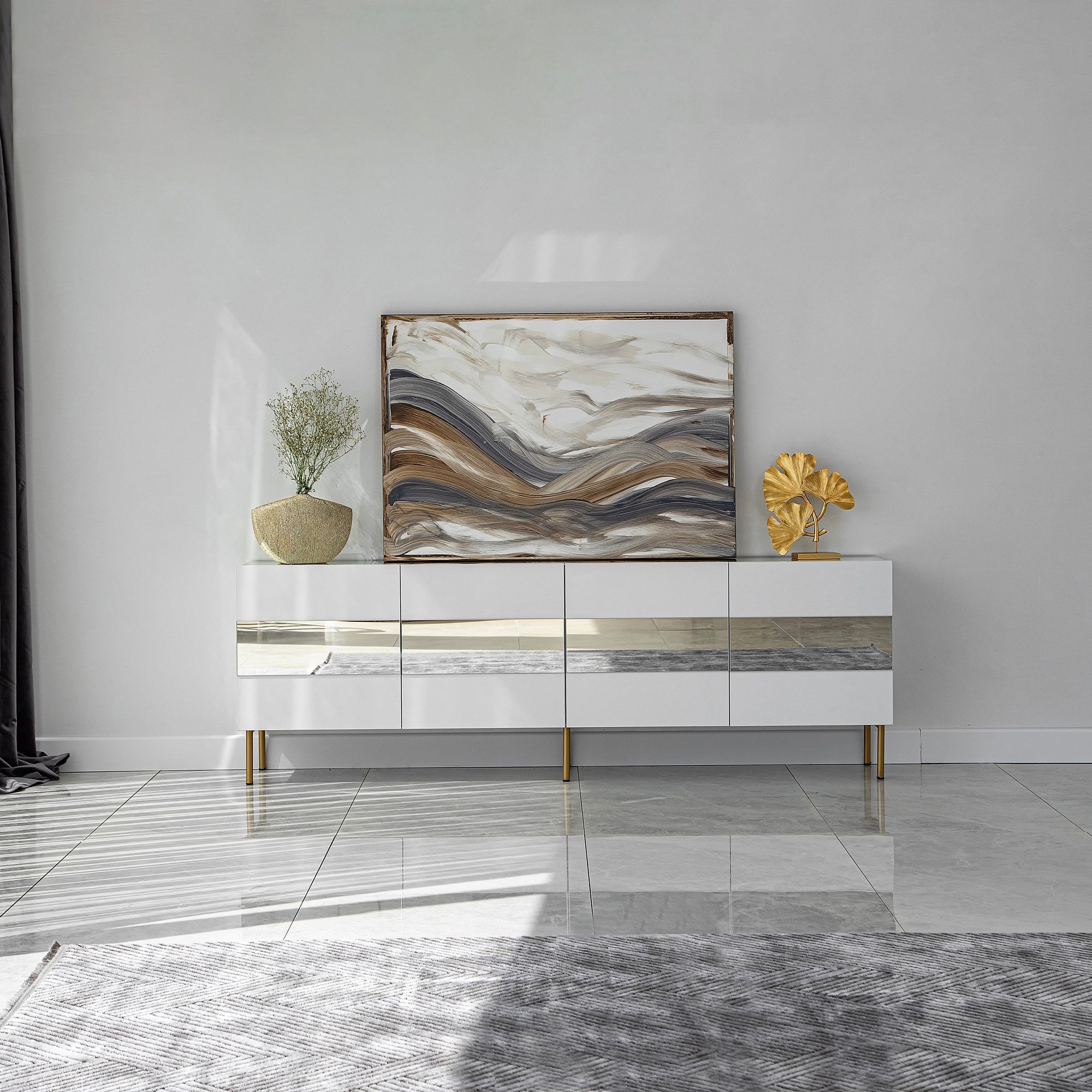 Suporte de TV elegante, branco e dourado, 180 x 35 x 59 cm | Painel de partículas 100% revestido em melamina, 18 mm de espessura | Elegante e funcional para salas de estar modernas