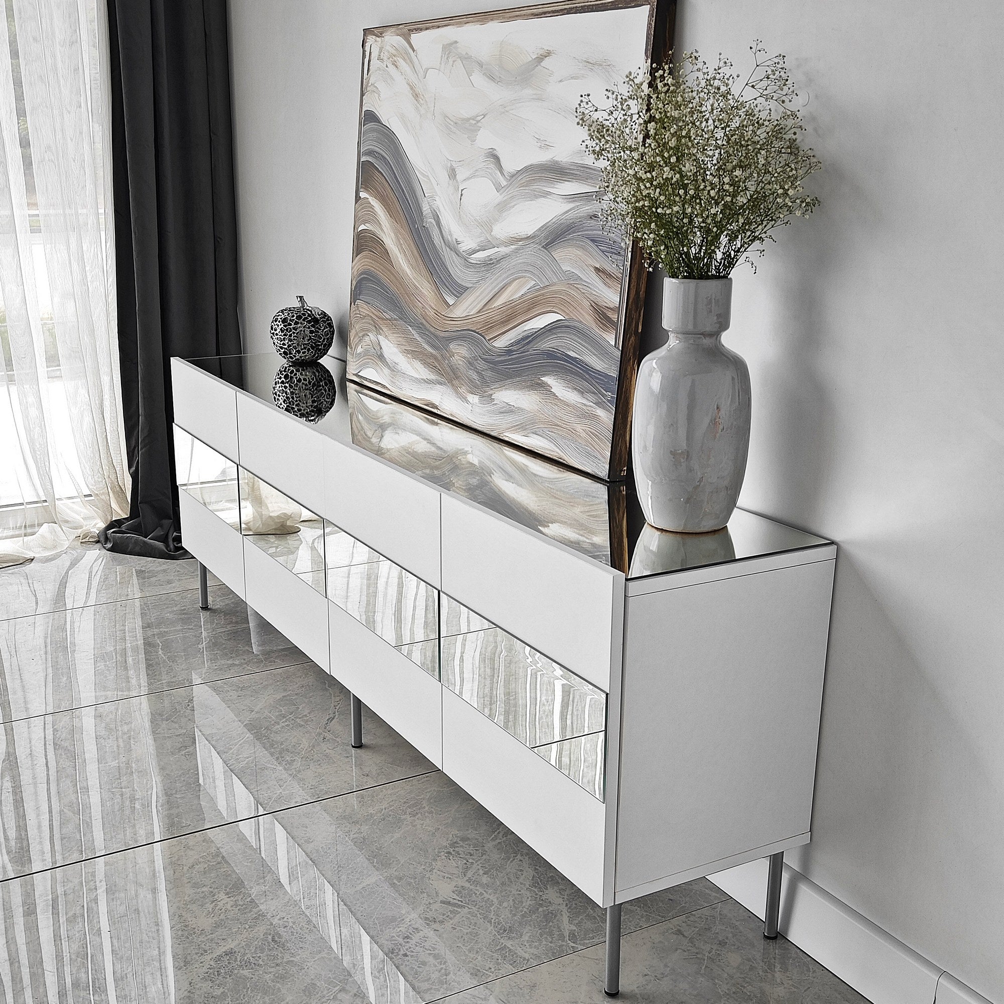 Suporte de TV elegante, 180 cm de largura, branco e prata | Painel de partículas 100% revestido de melamina, 18 mm de espessura | Design moderno para salas de estar e espaços de entretenimento