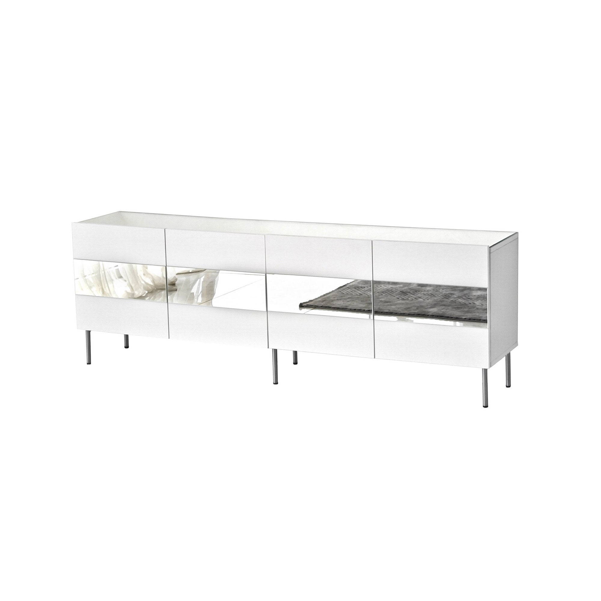 Suporte de TV elegante, 180 cm de largura, branco e prata | Painel de partículas 100% revestido de melamina, 18 mm de espessura | Design moderno para salas de estar e espaços de entretenimento