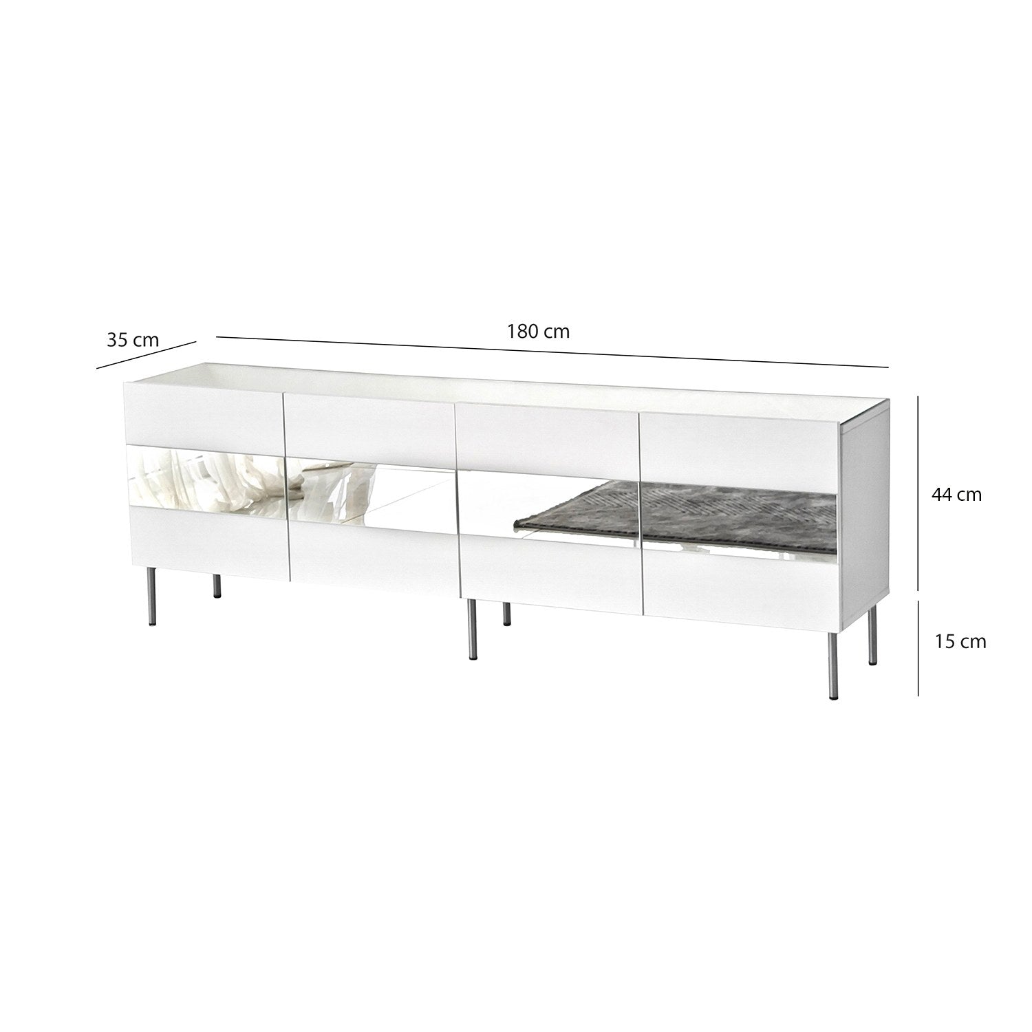 Suporte de TV elegante, 180 cm de largura, branco e prata | Painel de partículas 100% revestido de melamina, 18 mm de espessura | Design moderno para salas de estar e espaços de entretenimento