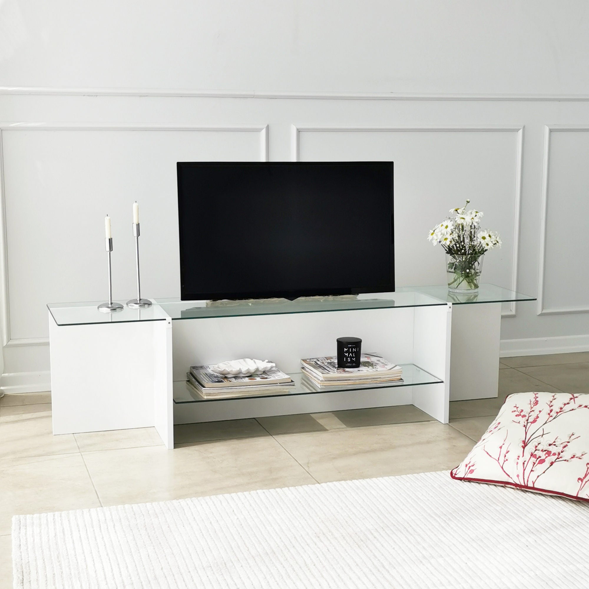 Suporte de TV escandinavo, branco, 158 x 40 x 35 cm | 100% vidro temperado e aglomerado revestido a melamina, 18 mm de espessura | Design elegante e funcional para salas de estar modernas