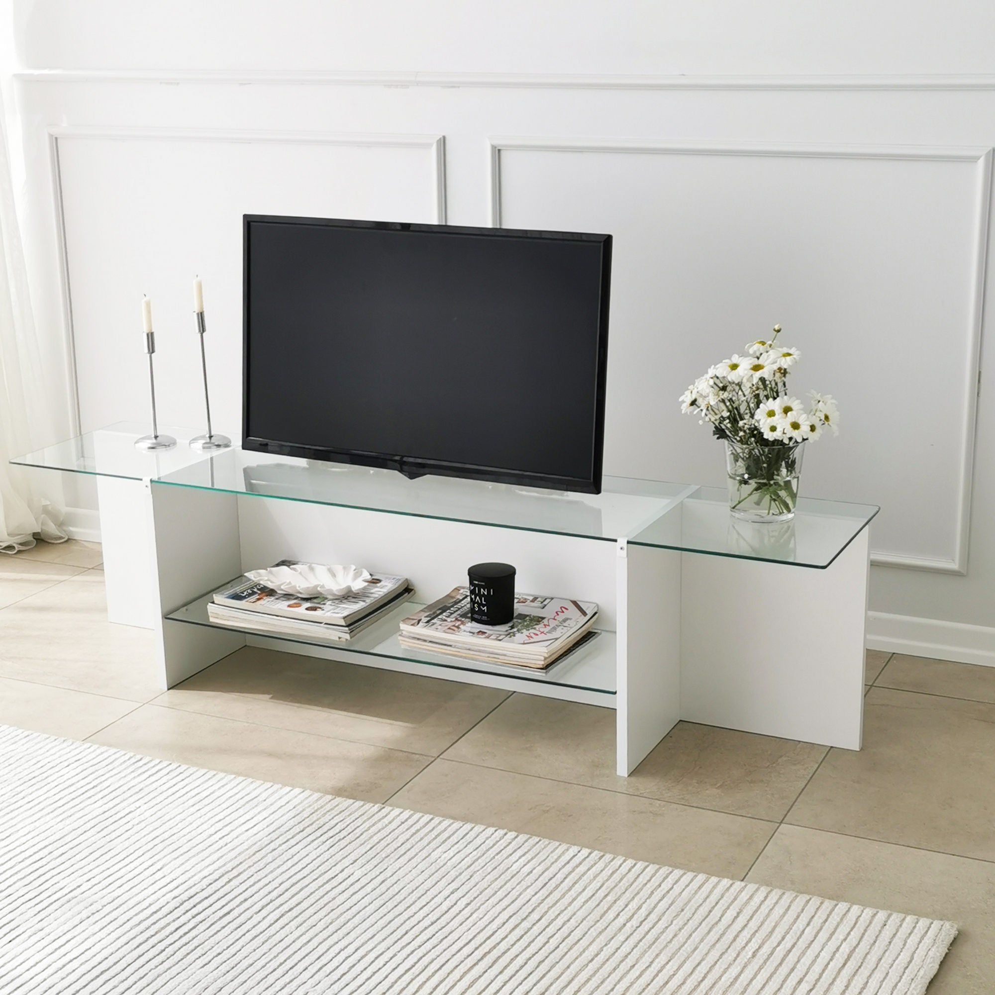Suporte de TV escandinavo, branco, 158 x 40 x 35 cm | 100% vidro temperado e aglomerado revestido a melamina, 18 mm de espessura | Design elegante e funcional para salas de estar modernas