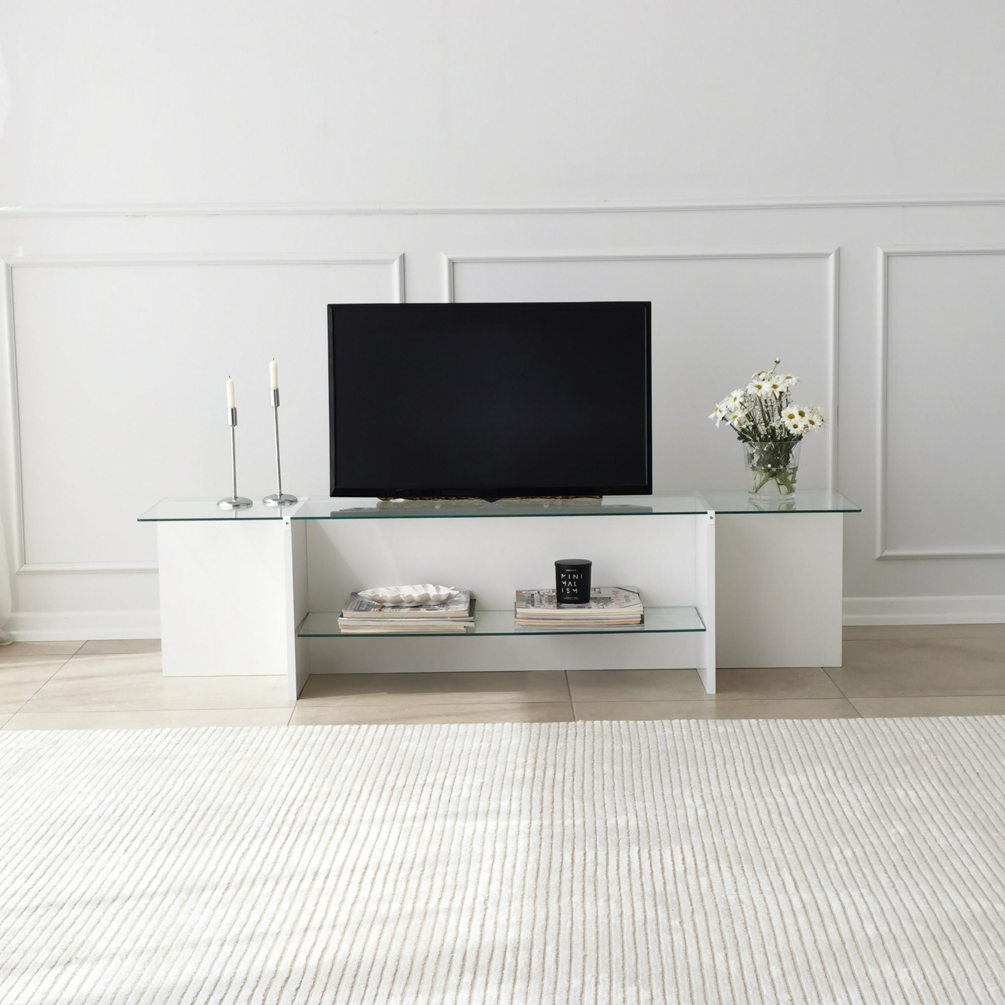 Suporte de TV escandinavo, branco, 158 x 40 x 35 cm | 100% vidro temperado e aglomerado revestido a melamina, 18 mm de espessura | Design elegante e funcional para salas de estar modernas