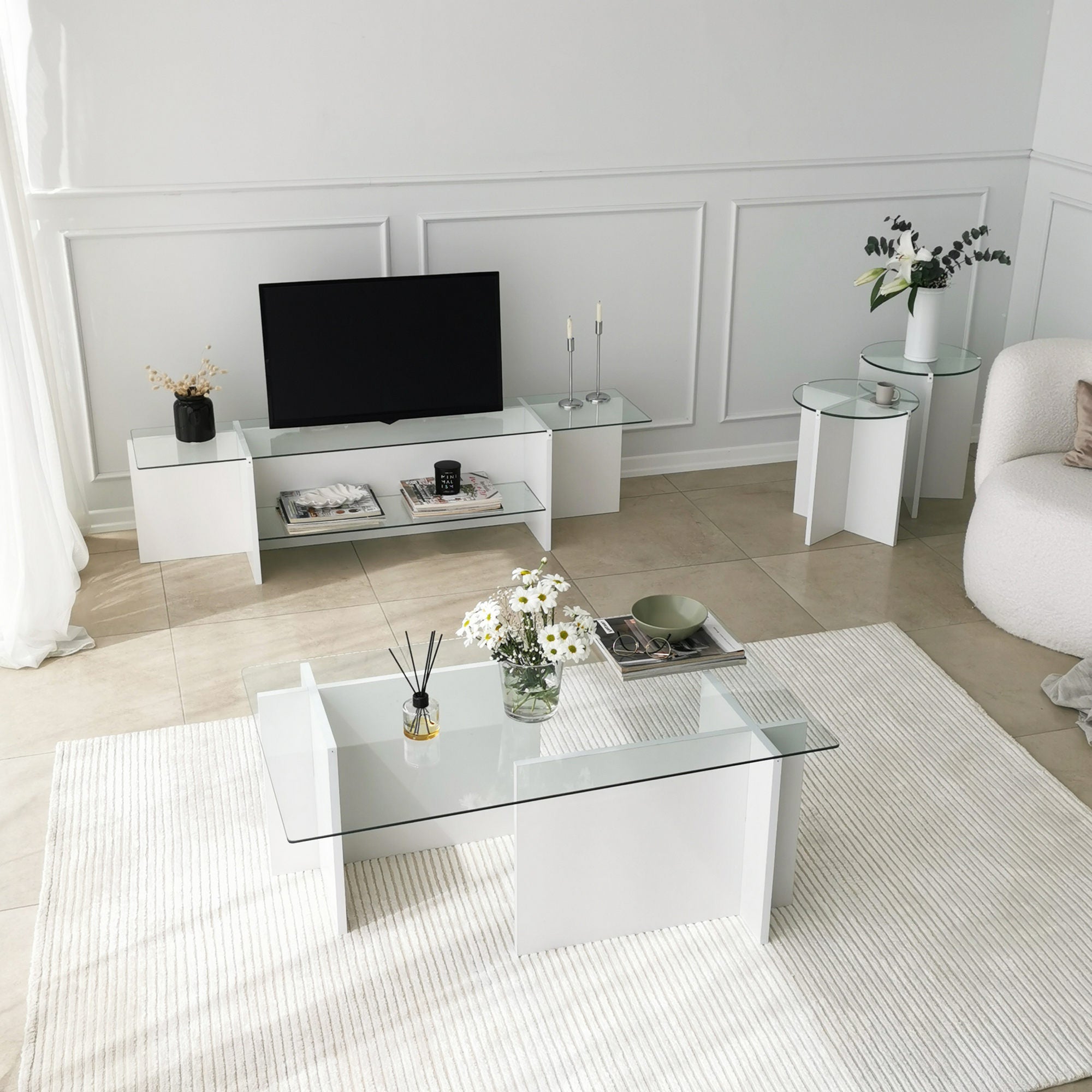 Suporte de TV escandinavo, branco, 158 x 40 x 35 cm | 100% vidro temperado e aglomerado revestido a melamina, 18 mm de espessura | Design elegante e funcional para salas de estar modernas