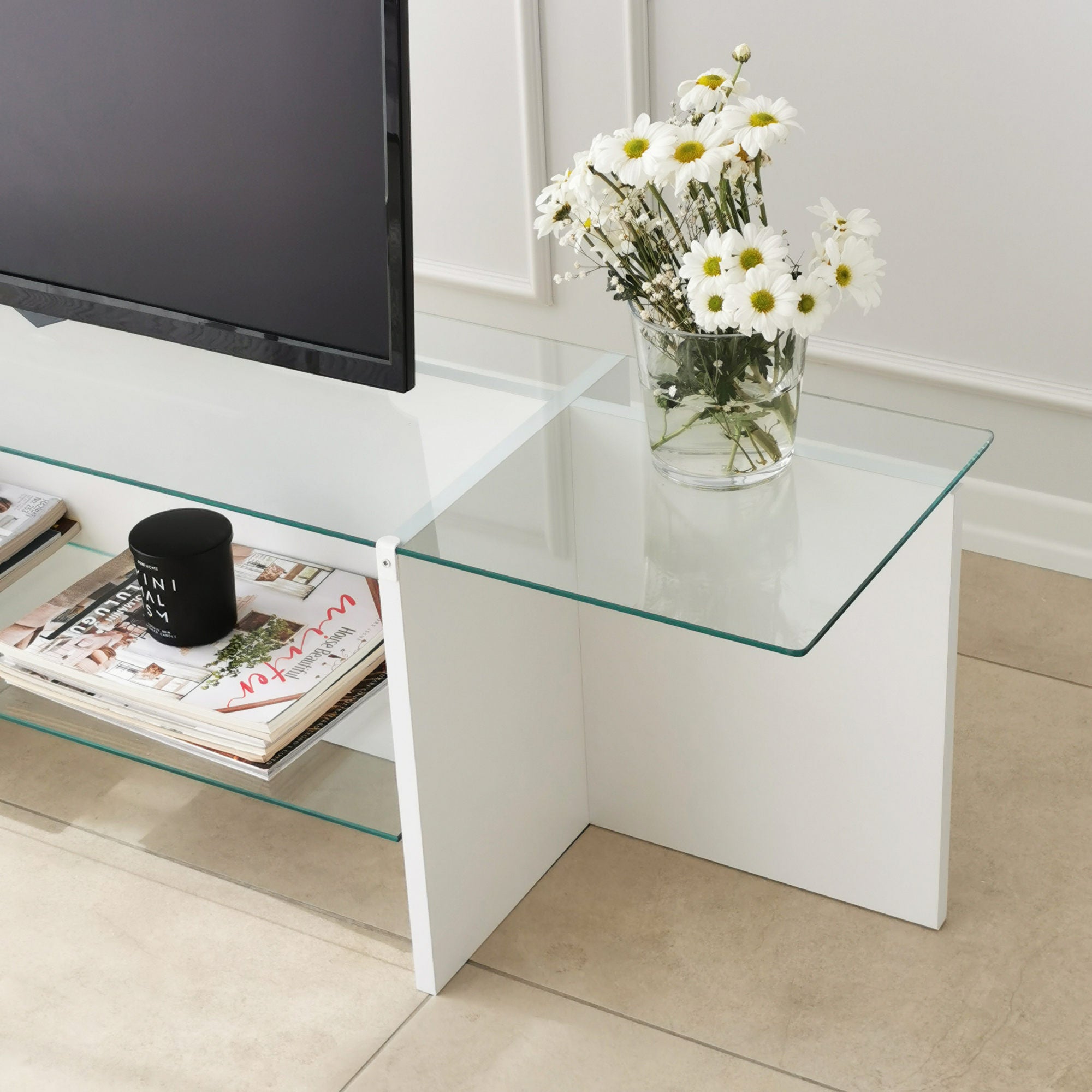 Suporte de TV escandinavo, branco, 158 x 40 x 35 cm | 100% vidro temperado e aglomerado revestido a melamina, 18 mm de espessura | Design elegante e funcional para salas de estar modernas