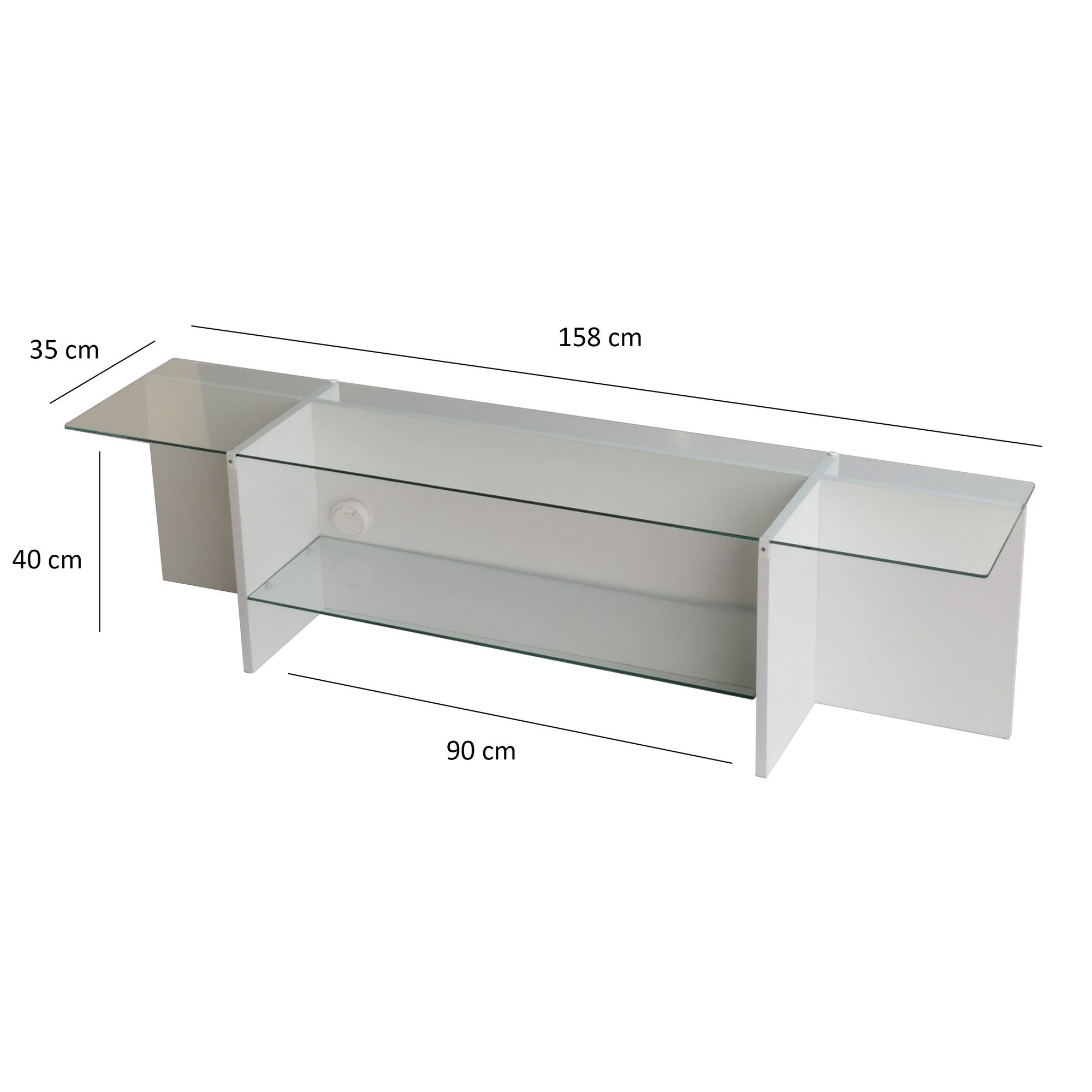 Suporte de TV escandinavo, branco, 158 x 40 x 35 cm | 100% vidro temperado e aglomerado revestido a melamina, 18 mm de espessura | Design elegante e funcional para salas de estar modernas
