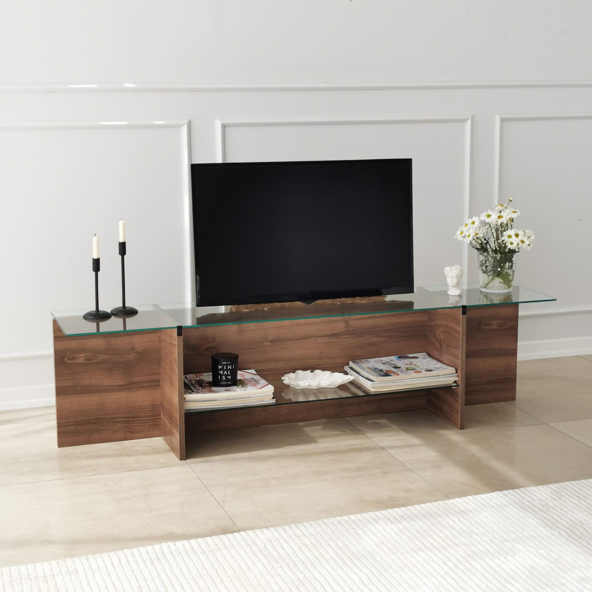 Suporte de TV escandinavo, nogueira, 158 x 40 x 35 cm | 100% vidro temperado e aglomerado revestido de melamina, 18 mm de espessura | Design elegante e funcional para salas de estar modernas
