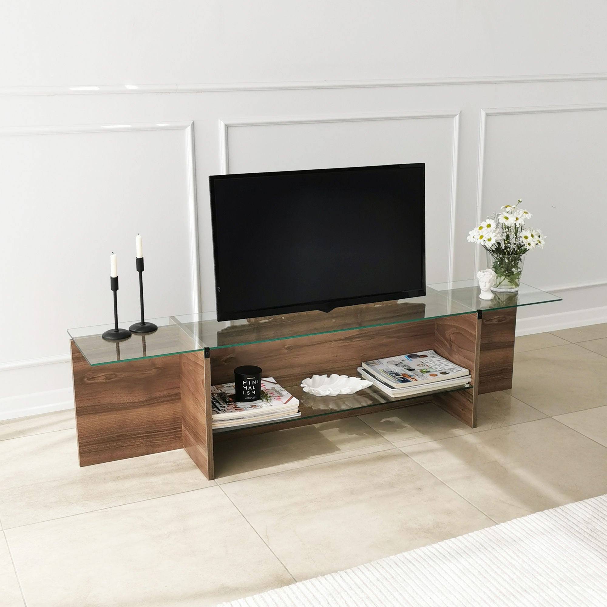 Suporte de TV escandinavo, nogueira, 158 x 40 x 35 cm | 100% vidro temperado e aglomerado revestido de melamina, 18 mm de espessura | Design elegante e funcional para salas de estar modernas