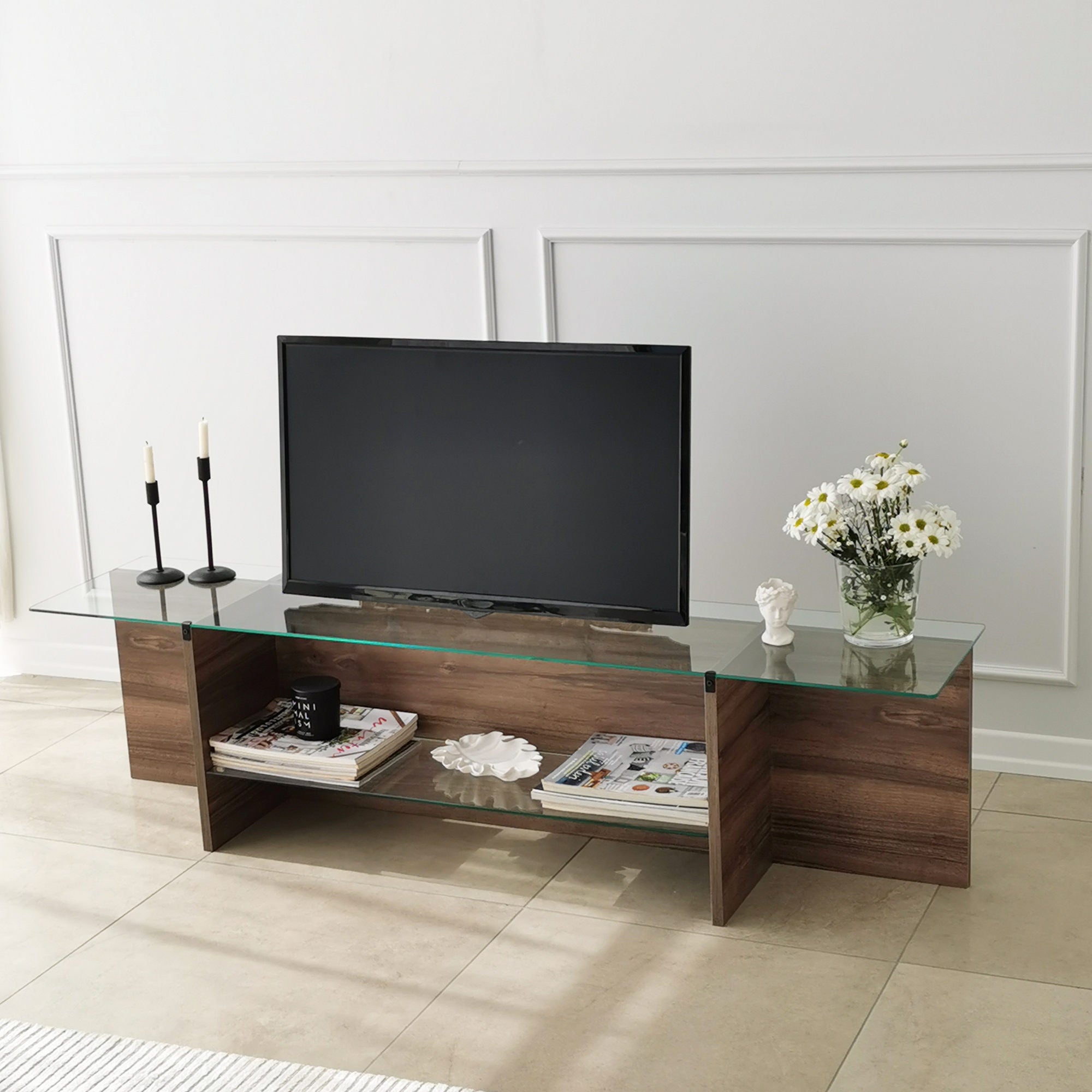 Suporte de TV escandinavo, nogueira, 158 x 40 x 35 cm | 100% vidro temperado e aglomerado revestido de melamina, 18 mm de espessura | Design elegante e funcional para salas de estar modernas