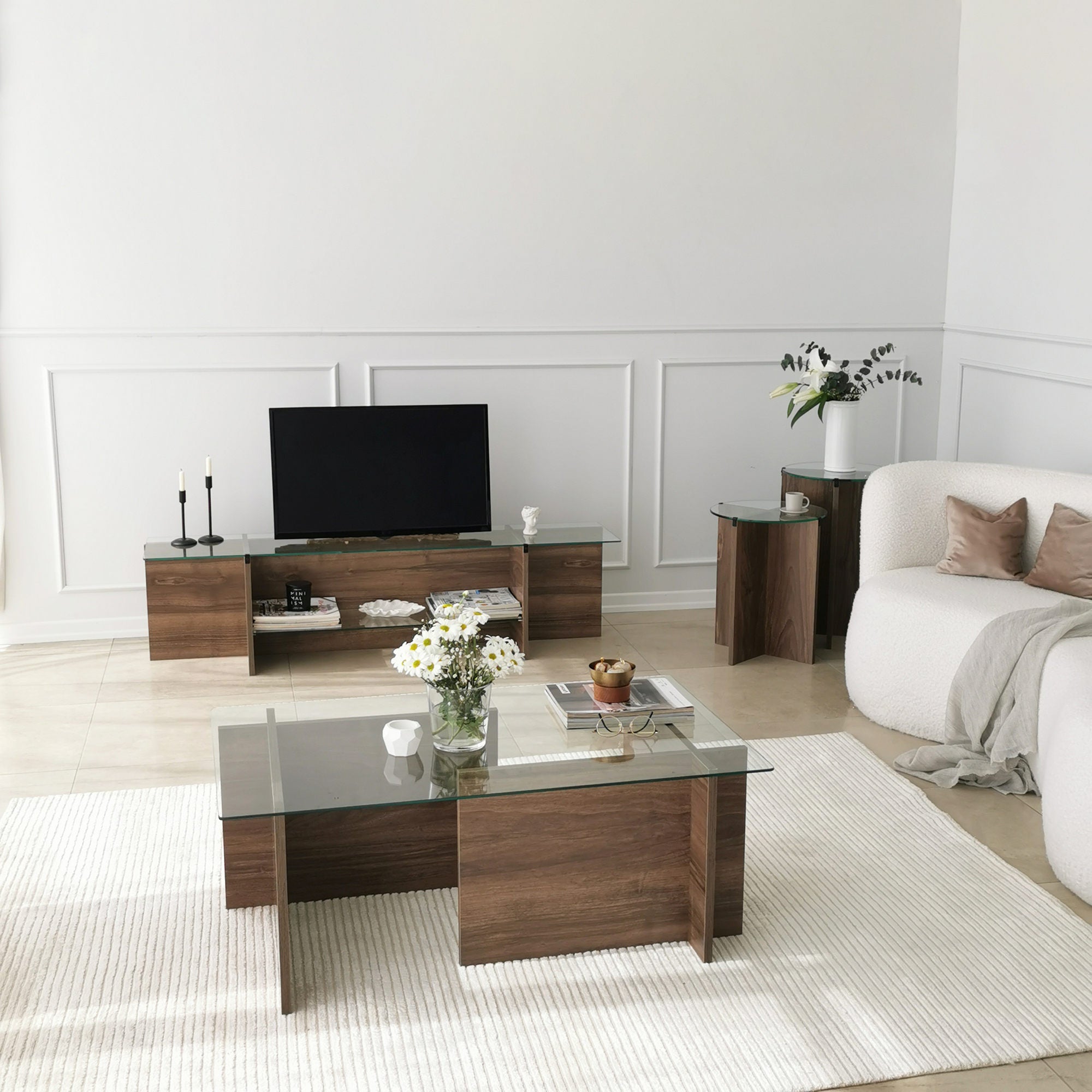 Suporte de TV escandinavo, nogueira, 158 x 40 x 35 cm | 100% vidro temperado e aglomerado revestido de melamina, 18 mm de espessura | Design elegante e funcional para salas de estar modernas