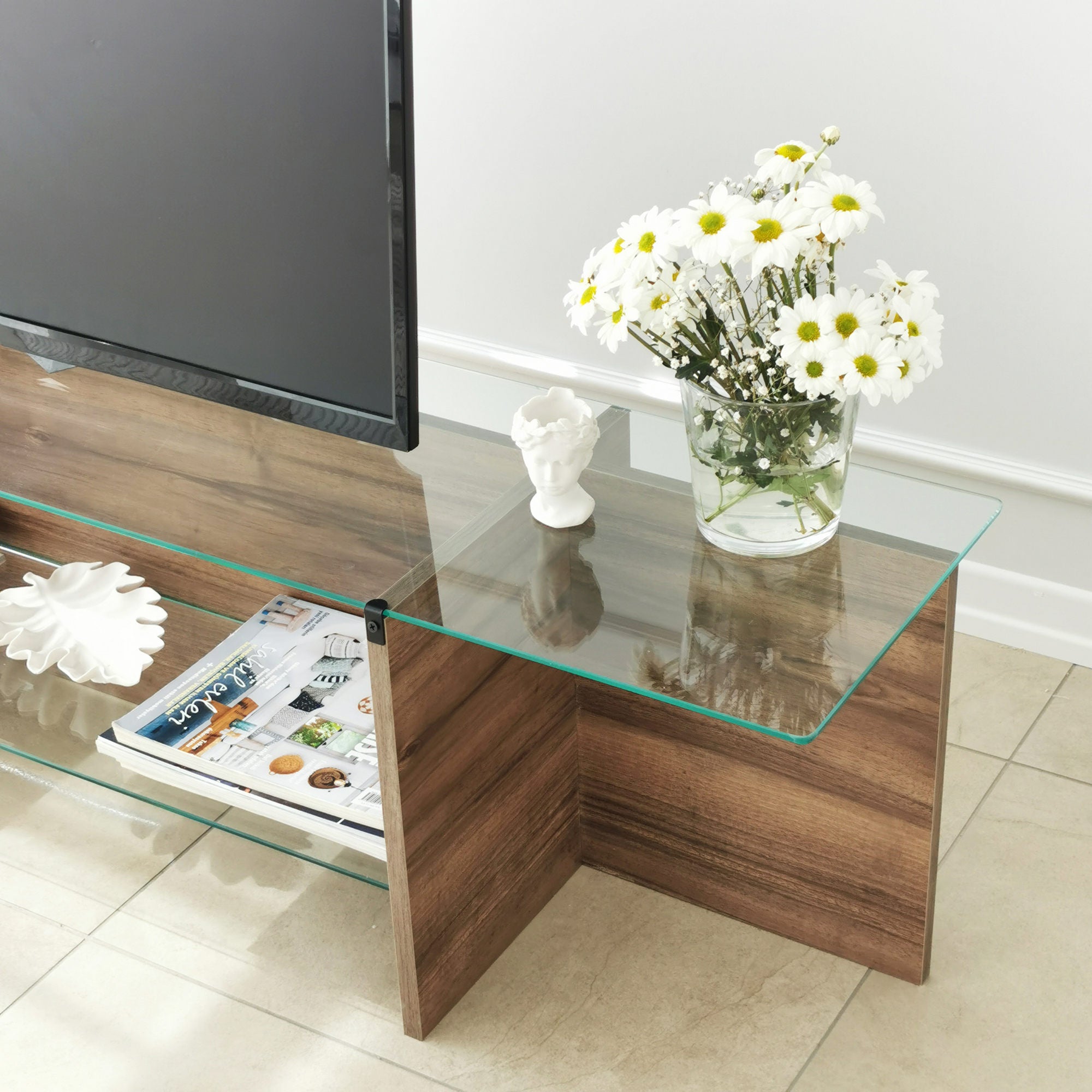 Suporte de TV escandinavo, nogueira, 158 x 40 x 35 cm | 100% vidro temperado e aglomerado revestido de melamina, 18 mm de espessura | Design elegante e funcional para salas de estar modernas