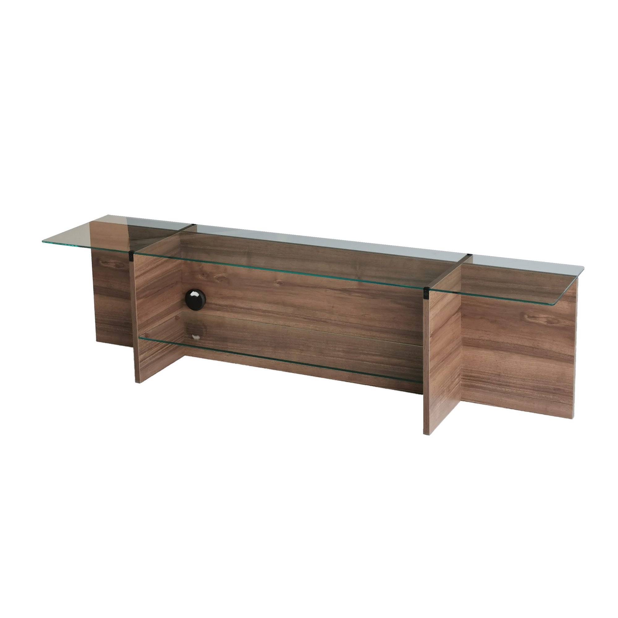 Suporte de TV escandinavo, nogueira, 158 x 40 x 35 cm | 100% vidro temperado e aglomerado revestido de melamina, 18 mm de espessura | Design elegante e funcional para salas de estar modernas