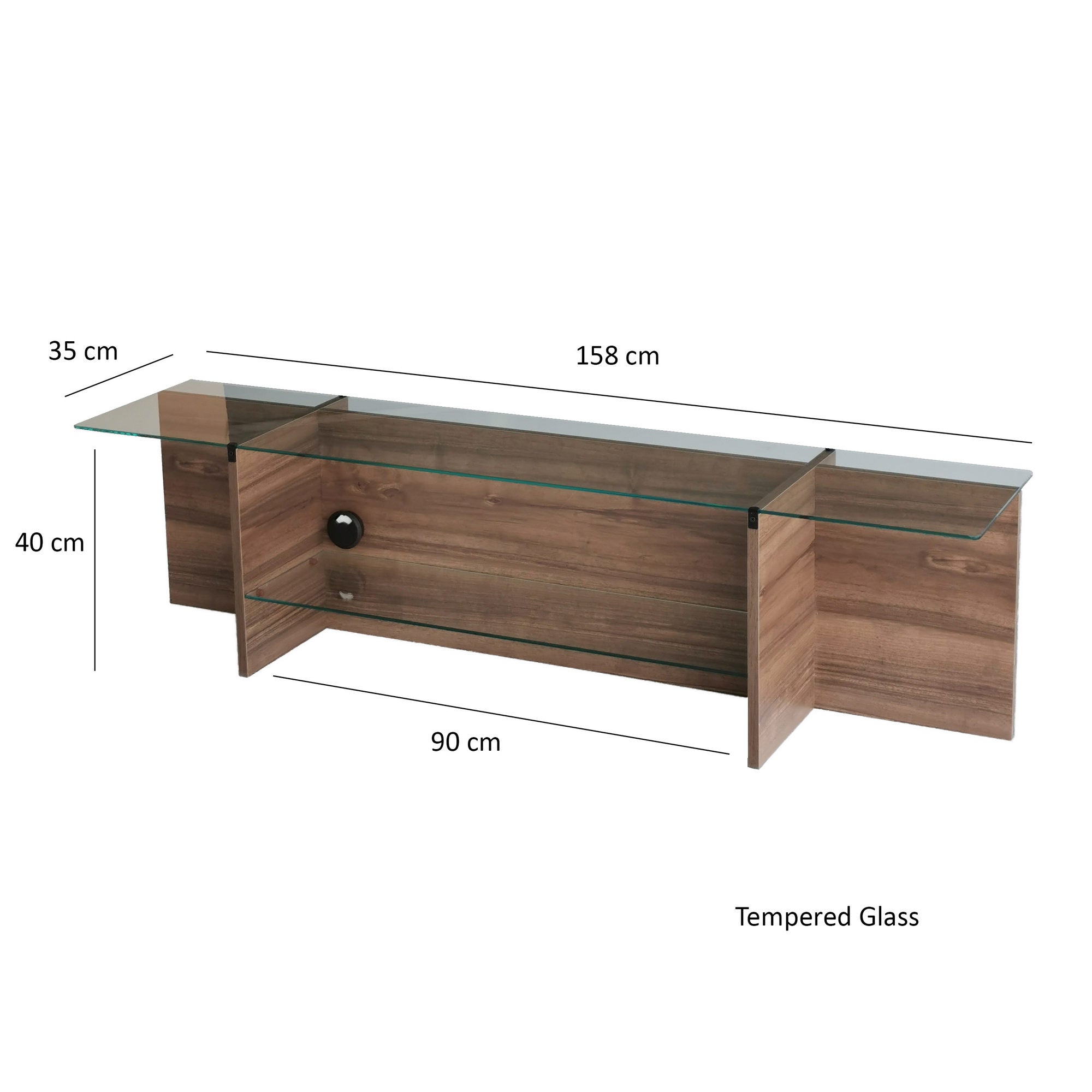 Suporte de TV escandinavo, nogueira, 158 x 40 x 35 cm | 100% vidro temperado e aglomerado revestido de melamina, 18 mm de espessura | Design elegante e funcional para salas de estar modernas