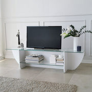 Suporte de TV escandinavo, branco, 158 x 40 x 35 cm | 100% vidro temperado e aglomerado revestido a melamina, 18 mm de espessura | Design elegante e funcional para salas de estar modernas