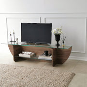 Suporte de TV escandinavo, nogueira, 158 x 40 x 35 cm | 100% vidro temperado e aglomerado revestido de melamina, 18 mm de espessura | Design elegante e funcional para salas de estar modernas