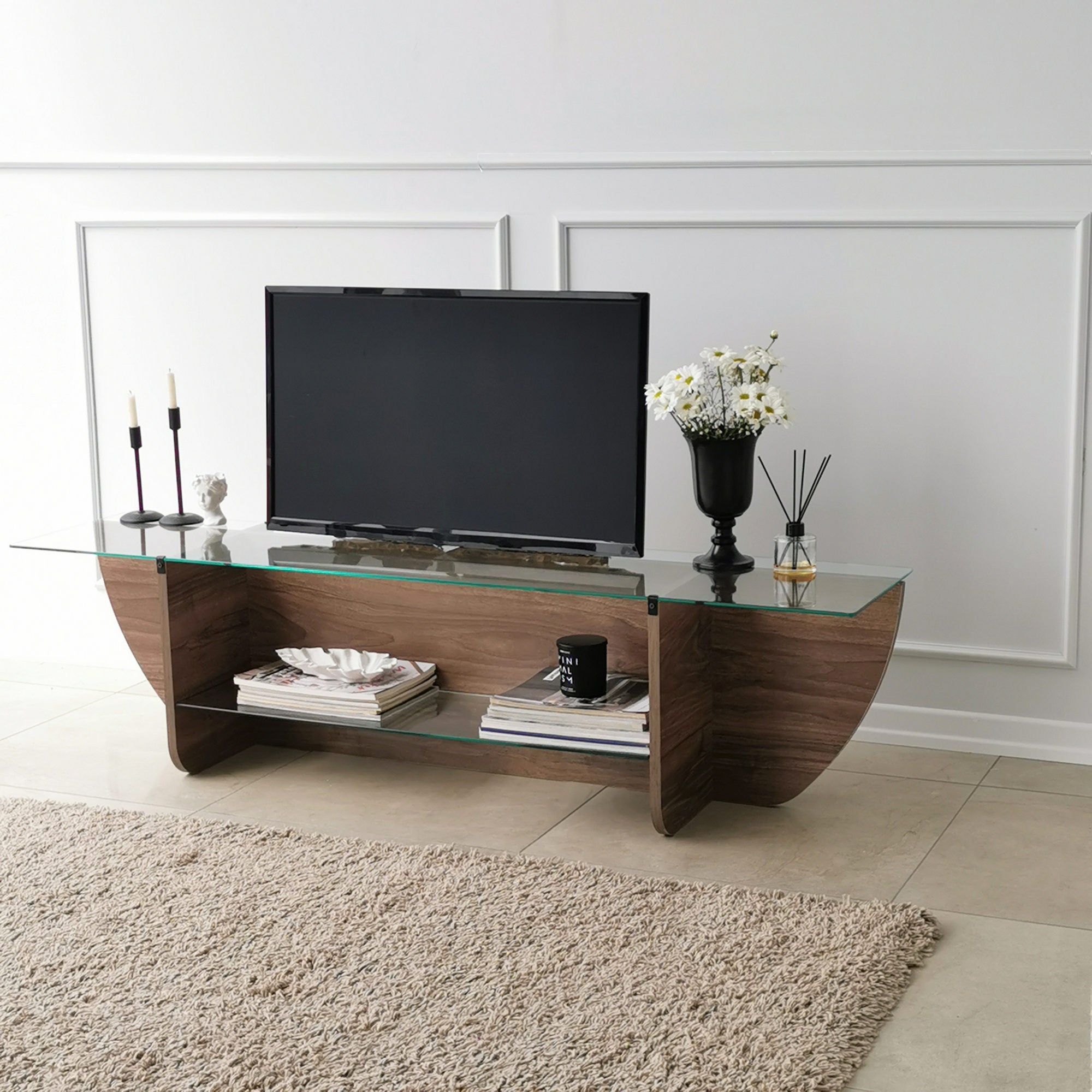 Suporte de TV escandinavo, nogueira, 158 x 40 x 35 cm | 100% vidro temperado e aglomerado revestido de melamina, 18 mm de espessura | Design elegante e funcional para salas de estar modernas