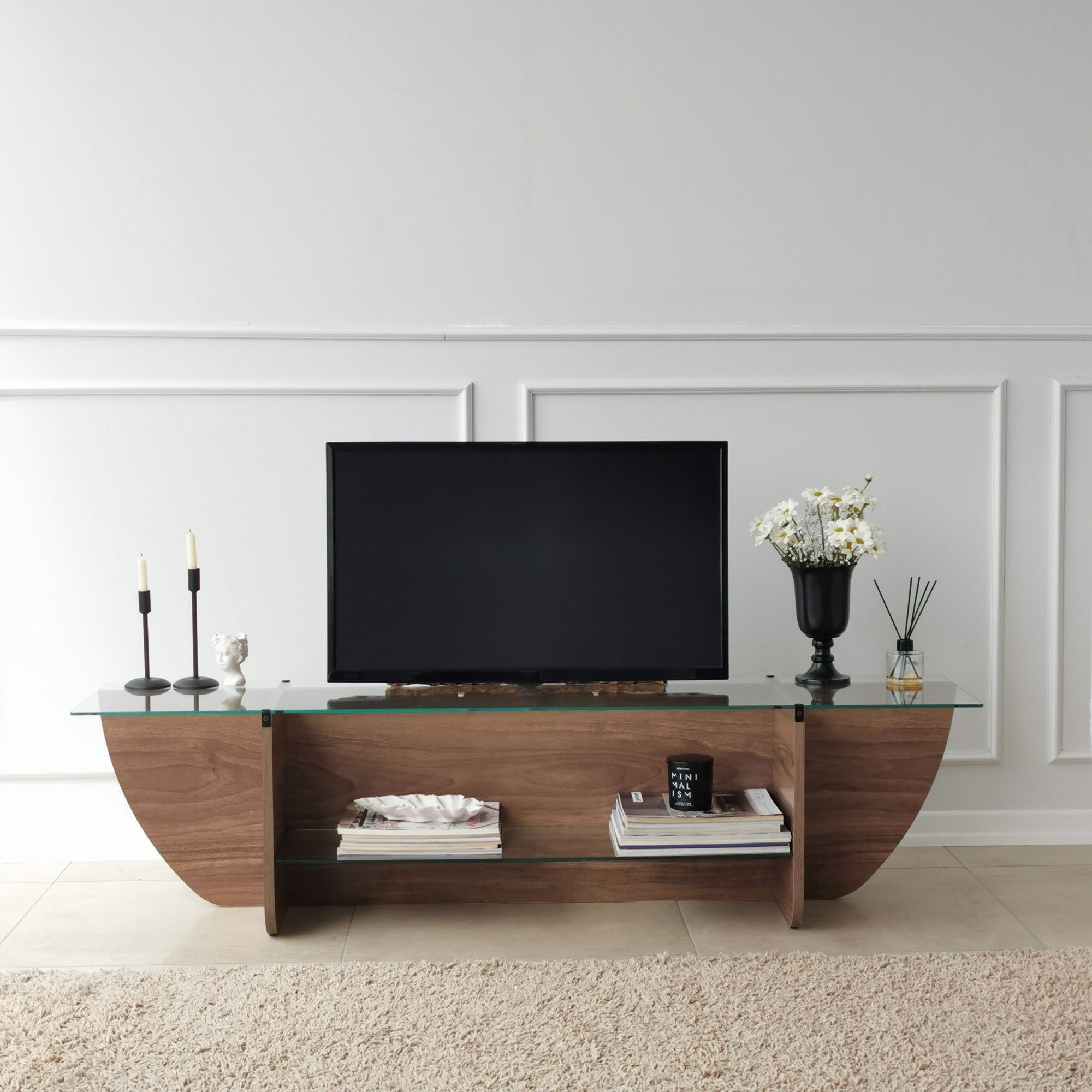 Suporte de TV escandinavo, nogueira, 158 x 40 x 35 cm | 100% vidro temperado e aglomerado revestido de melamina, 18 mm de espessura | Design elegante e funcional para salas de estar modernas