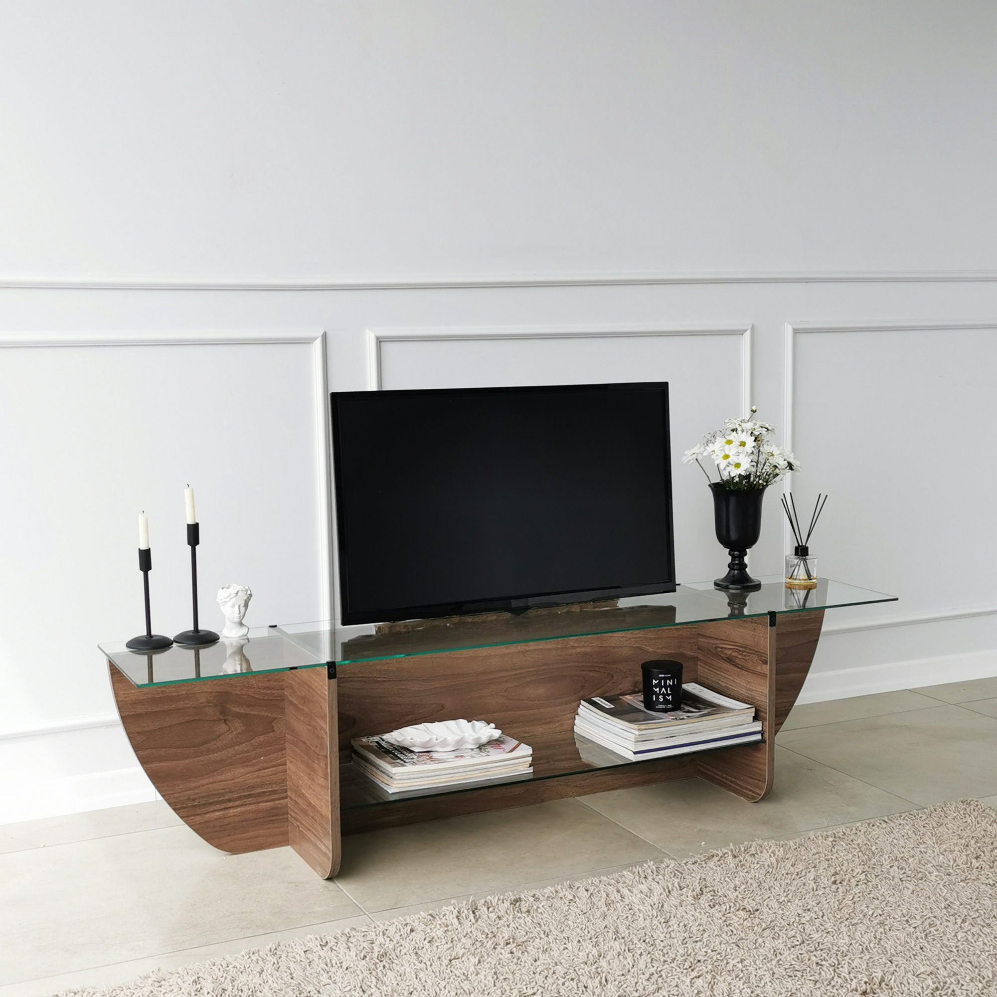 Suporte de TV escandinavo, nogueira, 158 x 40 x 35 cm | 100% vidro temperado e aglomerado revestido de melamina, 18 mm de espessura | Design elegante e funcional para salas de estar modernas