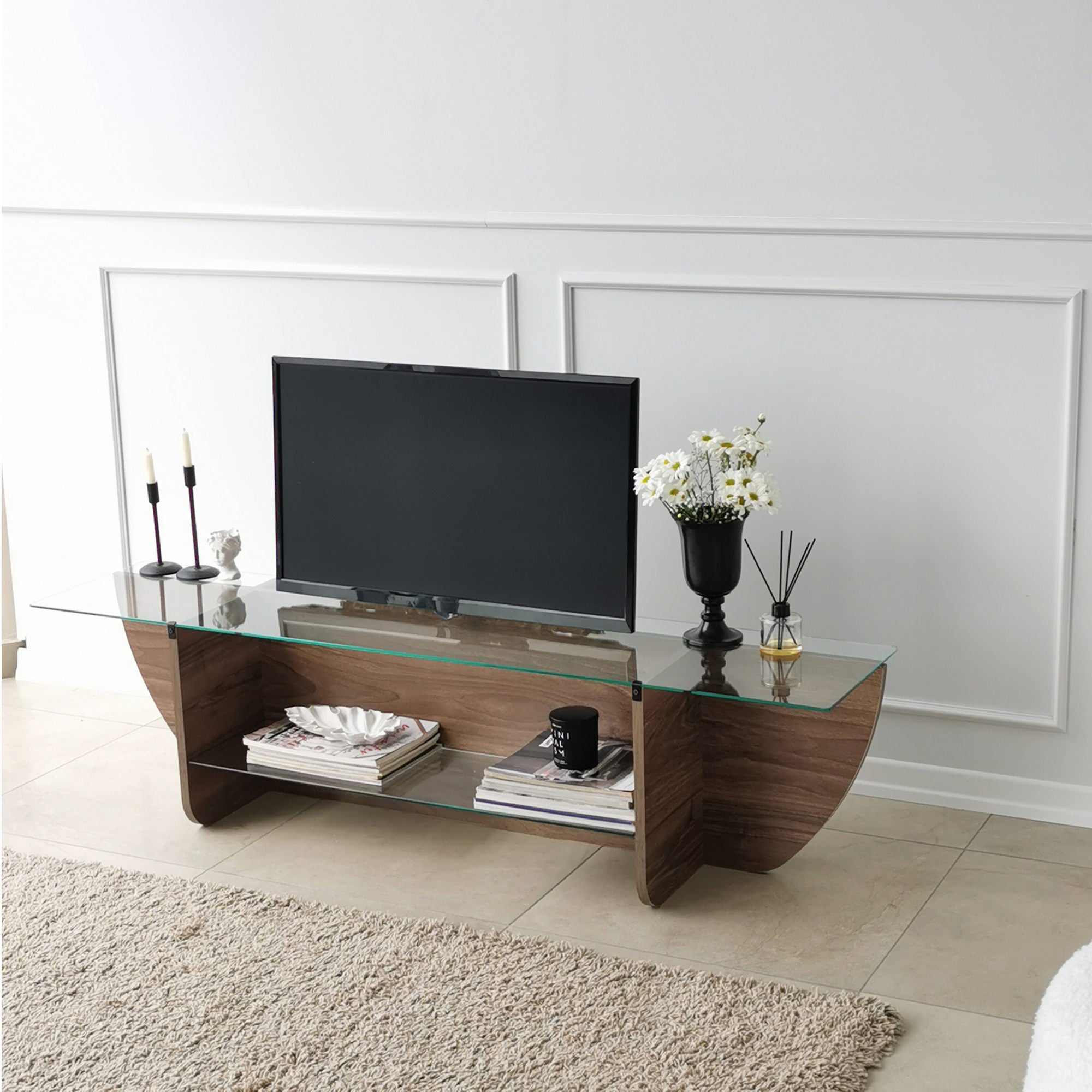 Suporte de TV escandinavo, nogueira, 158 x 40 x 35 cm | 100% vidro temperado e aglomerado revestido de melamina, 18 mm de espessura | Design elegante e funcional para salas de estar modernas