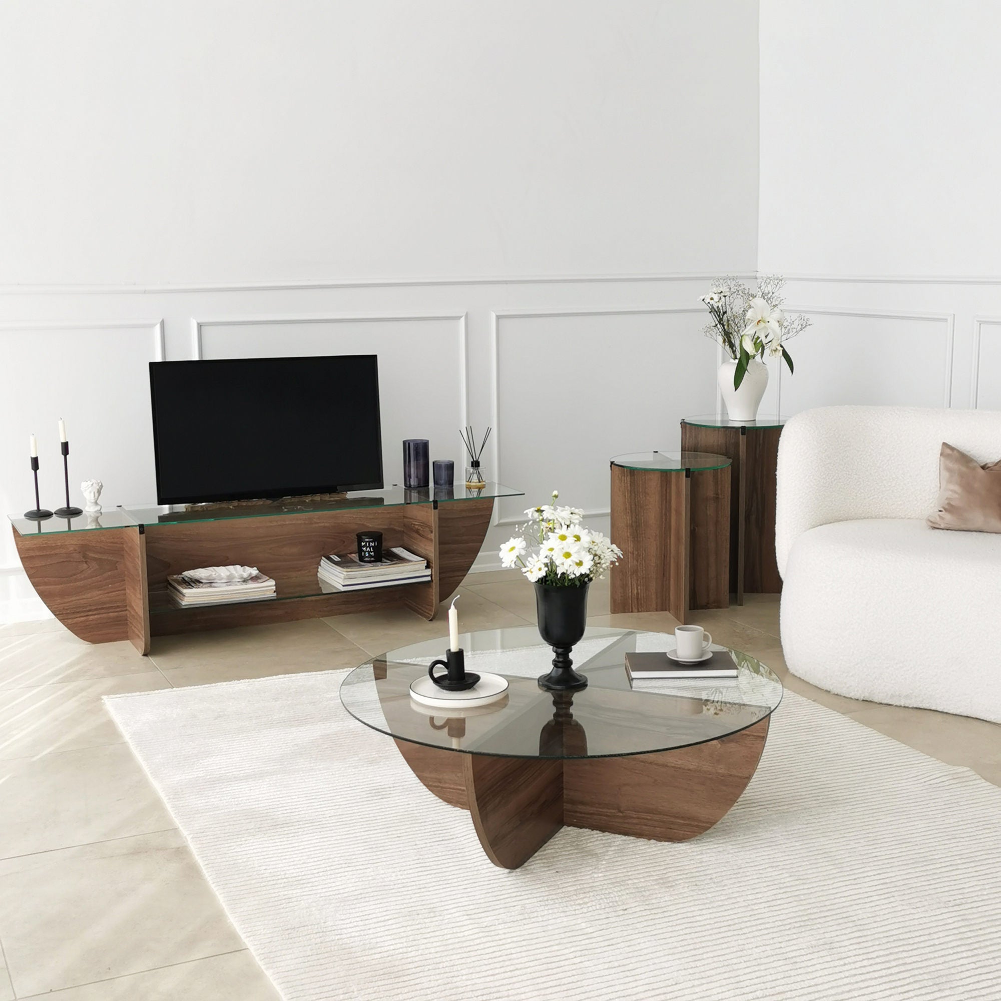 Suporte de TV escandinavo, nogueira, 158 x 40 x 35 cm | 100% vidro temperado e aglomerado revestido de melamina, 18 mm de espessura | Design elegante e funcional para salas de estar modernas