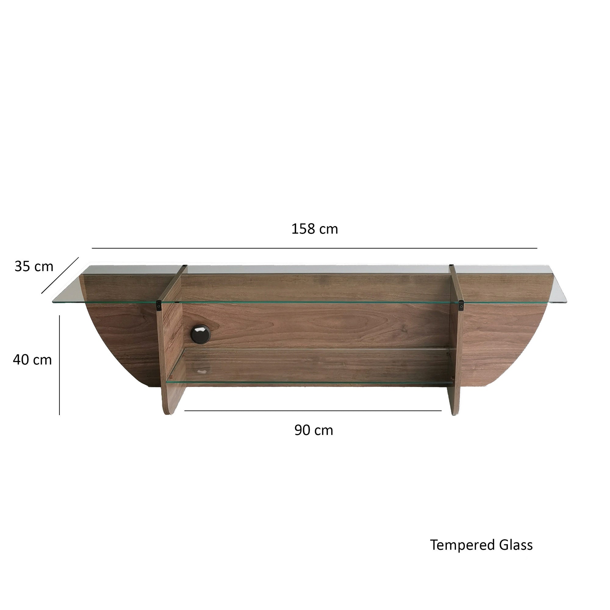 Suporte de TV escandinavo, nogueira, 158 x 40 x 35 cm | 100% vidro temperado e aglomerado revestido de melamina, 18 mm de espessura | Design elegante e funcional para salas de estar modernas