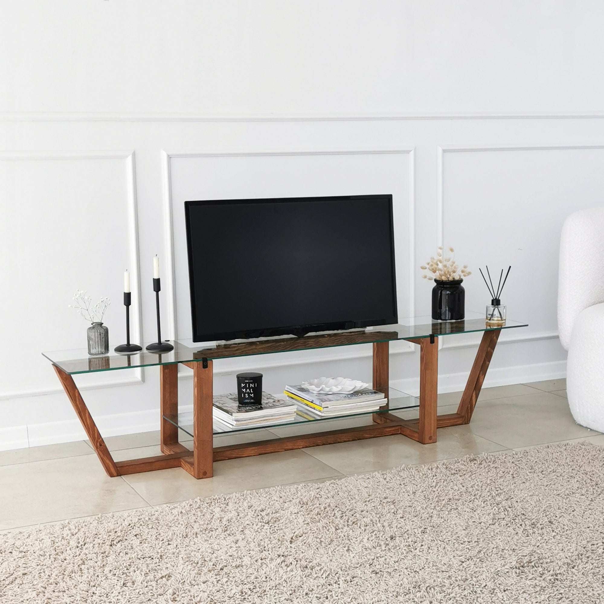Suporte de TV moderno, cor nogueira, 158 x 35 x 35 cm | 100% vidro temperado e madeira de pinho maciça, 18 mm de espessura | Design escandinavo rústico para salas de estar elegantes