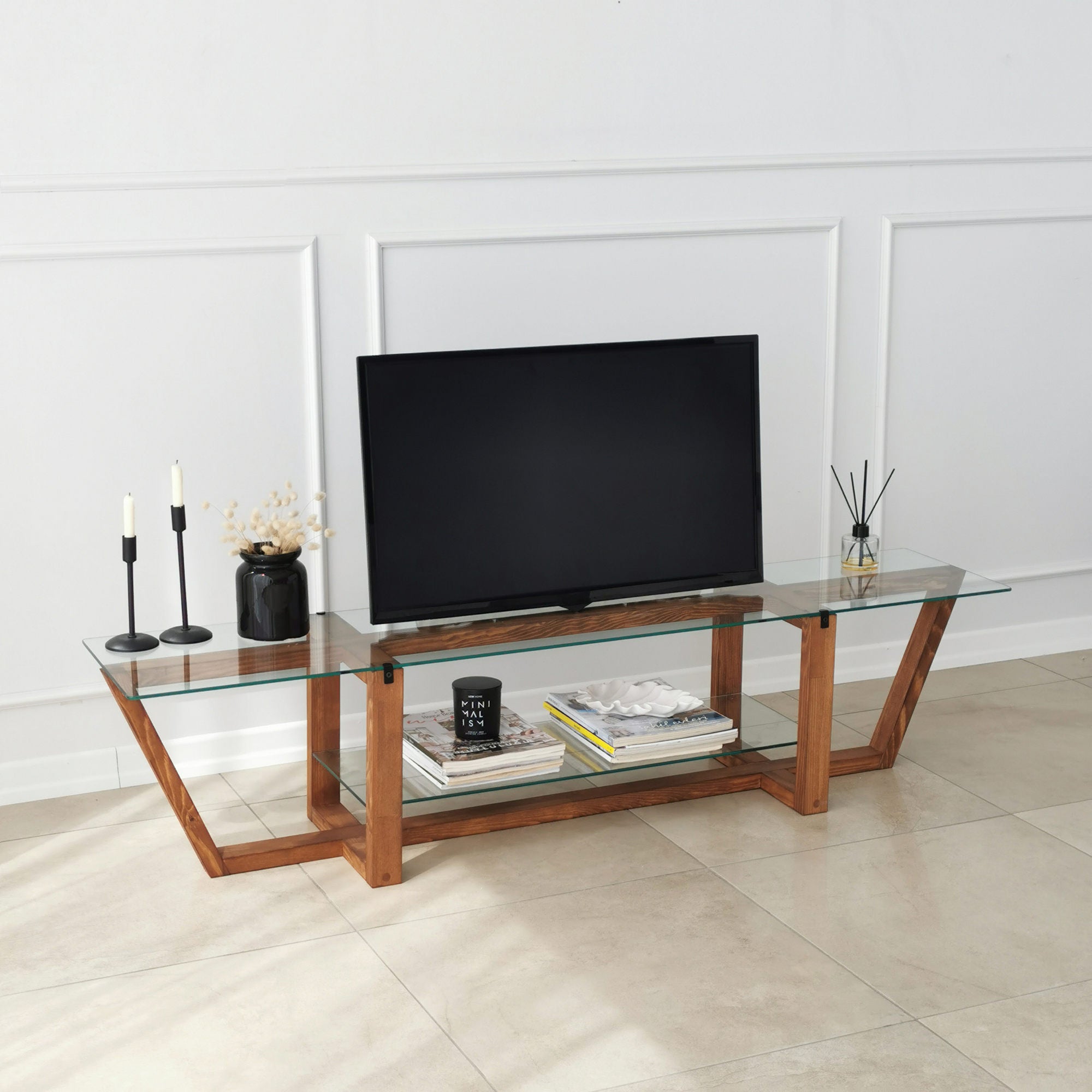 Suporte de TV moderno, cor nogueira, 158 x 35 x 35 cm | 100% vidro temperado e madeira de pinho maciça, 18 mm de espessura | Design escandinavo rústico para salas de estar elegantes