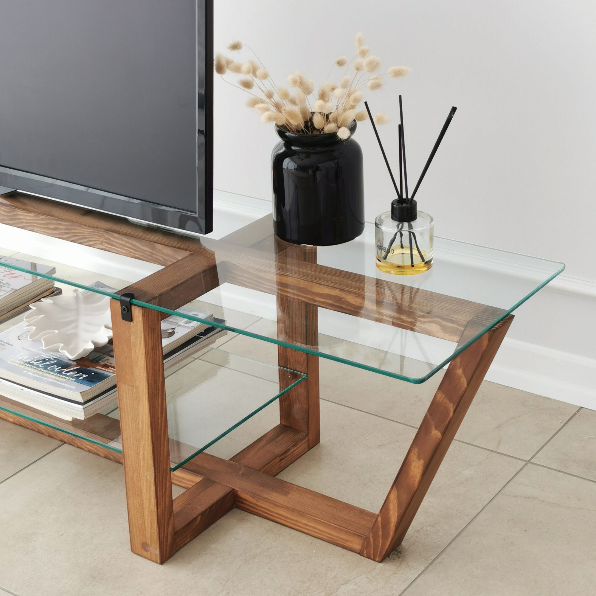Suporte de TV moderno, cor nogueira, 158 x 35 x 35 cm | 100% vidro temperado e madeira de pinho maciça, 18 mm de espessura | Design escandinavo rústico para salas de estar elegantes