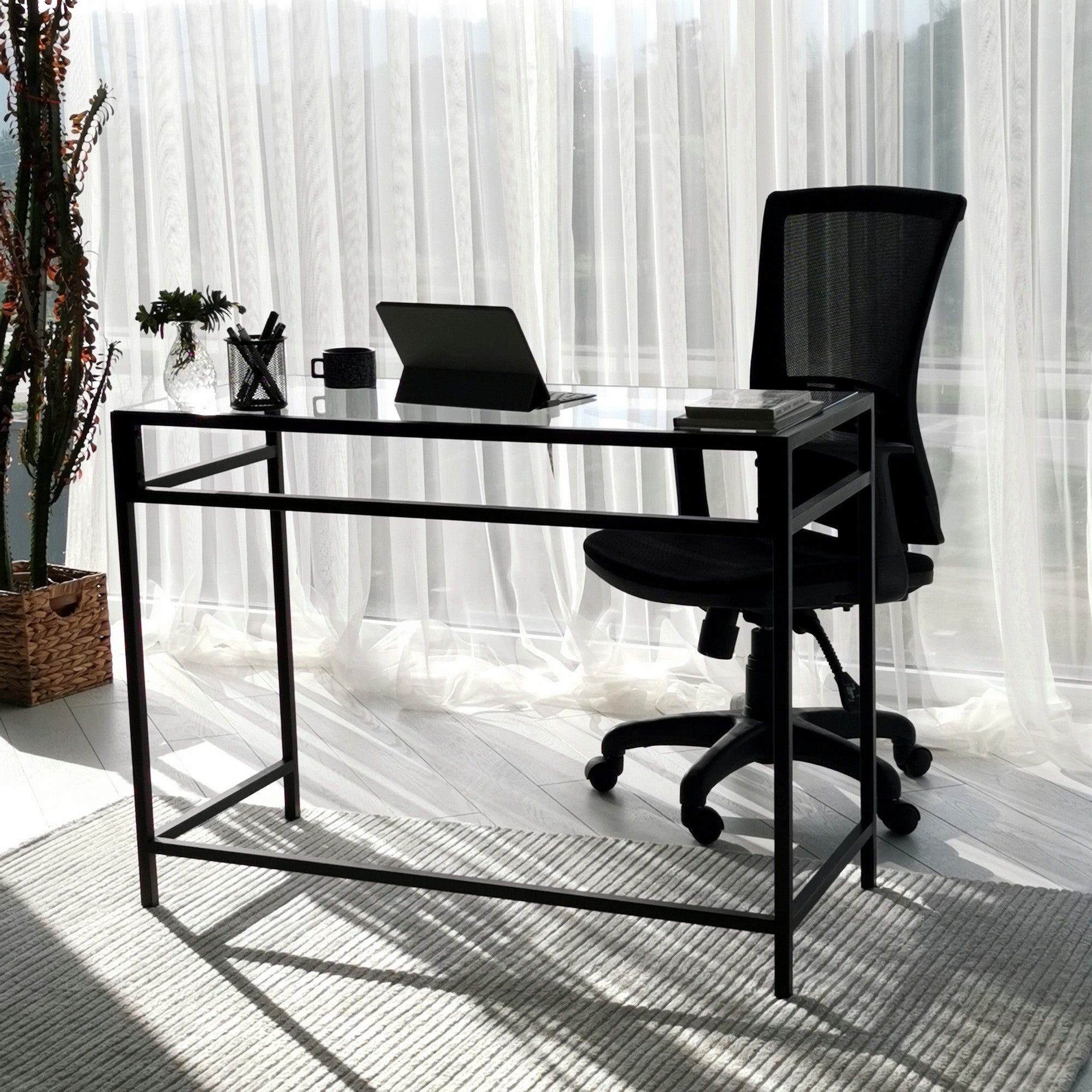 Secretária de Estudo/Escritório Moderna com Tampo 100% em Vidro Temperado, Estrutura em Metal Preto, 100 x 75 x 45 cm | Montável na Parede, Design Industrial Elegante para Escritório em Casa