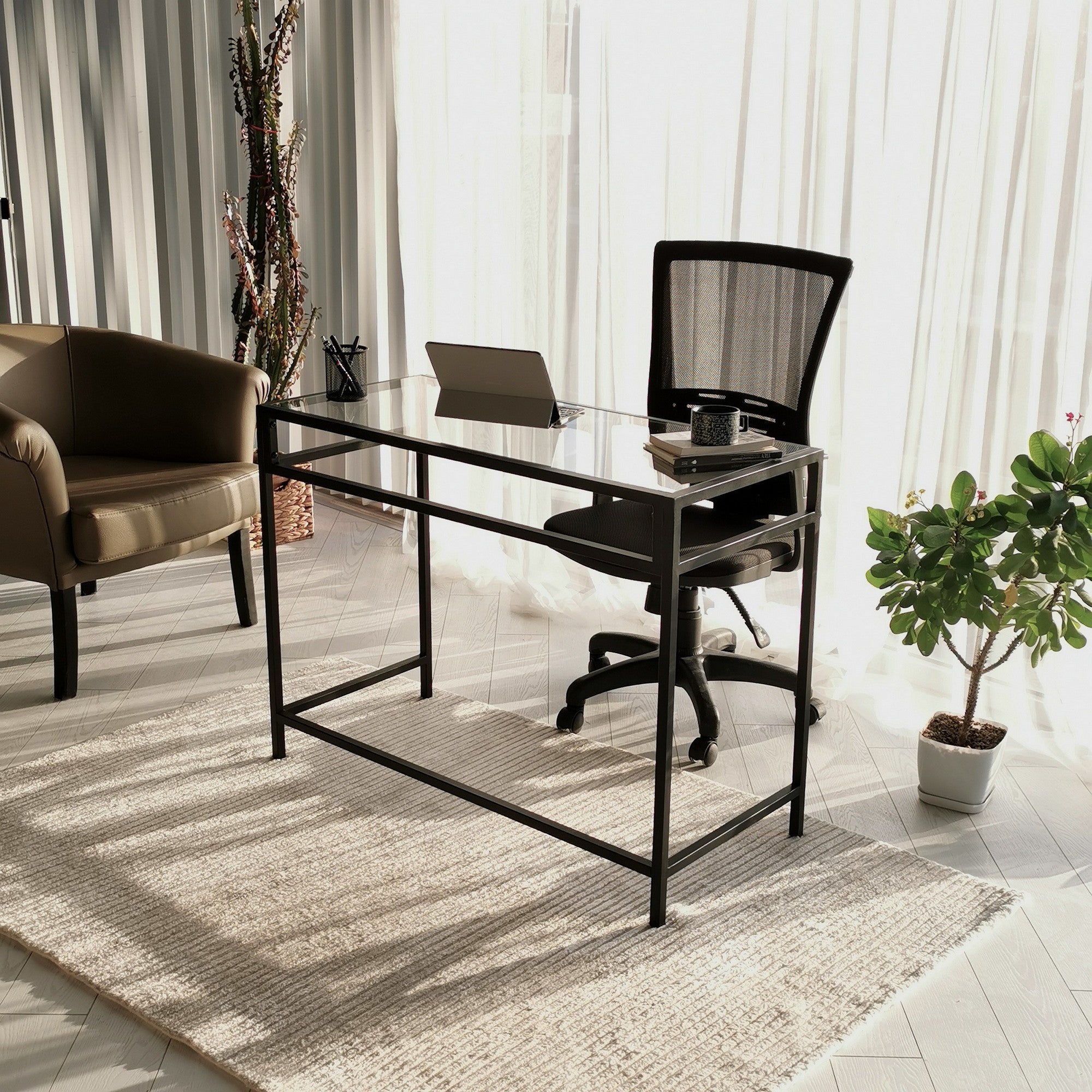 Secretária de Estudo/Escritório Moderna com Tampo 100% em Vidro Temperado, Estrutura em Metal Preto, 100 x 75 x 45 cm | Montável na Parede, Design Industrial Elegante para Escritório em Casa
