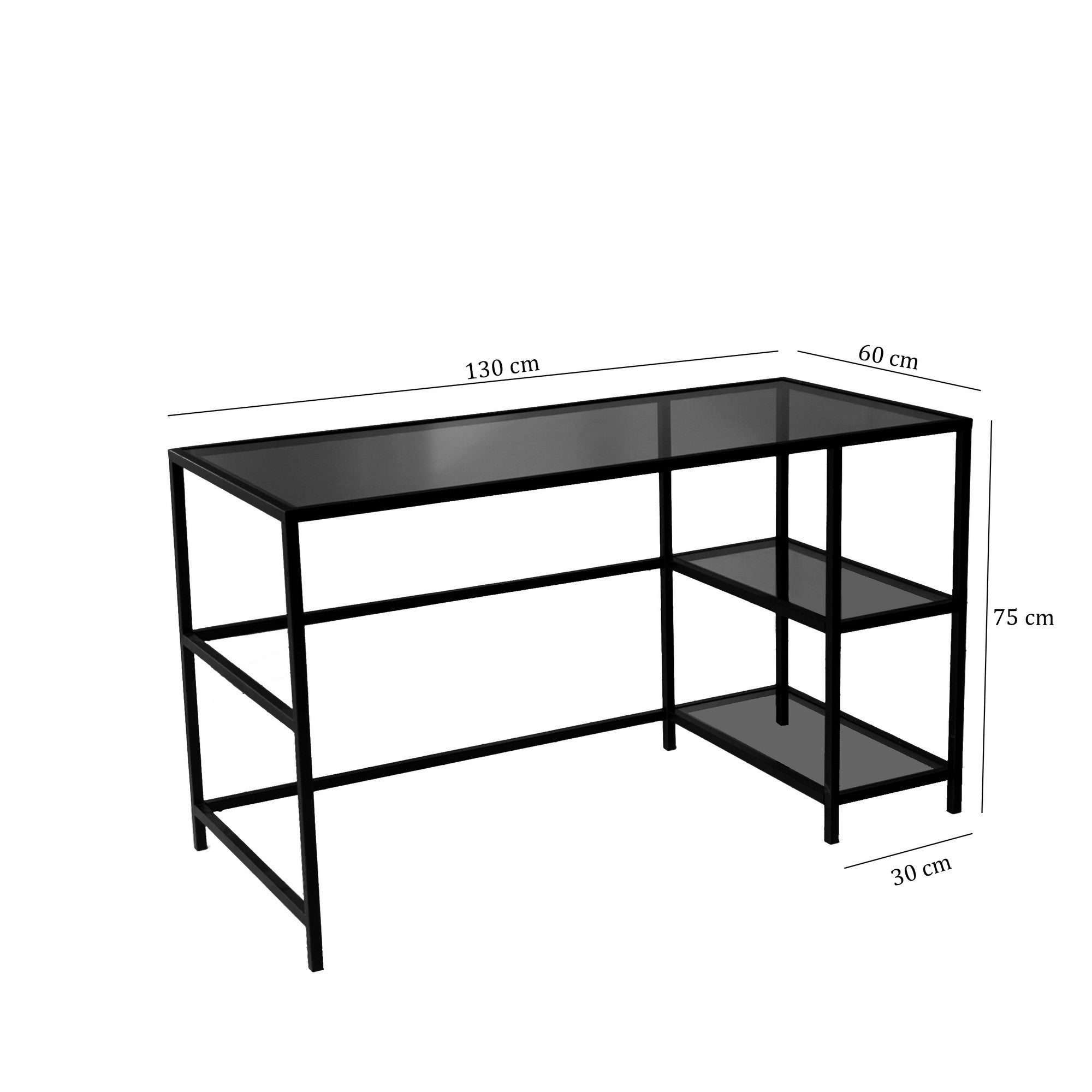Secretária de Estudo/Escritório Moderna com Tampo de Vidro Temperado, 130 cm | Estrutura 100% Metal, Montável na Parede, Preto e Fumê | Design Industrial Elegante com Várias Prateleiras