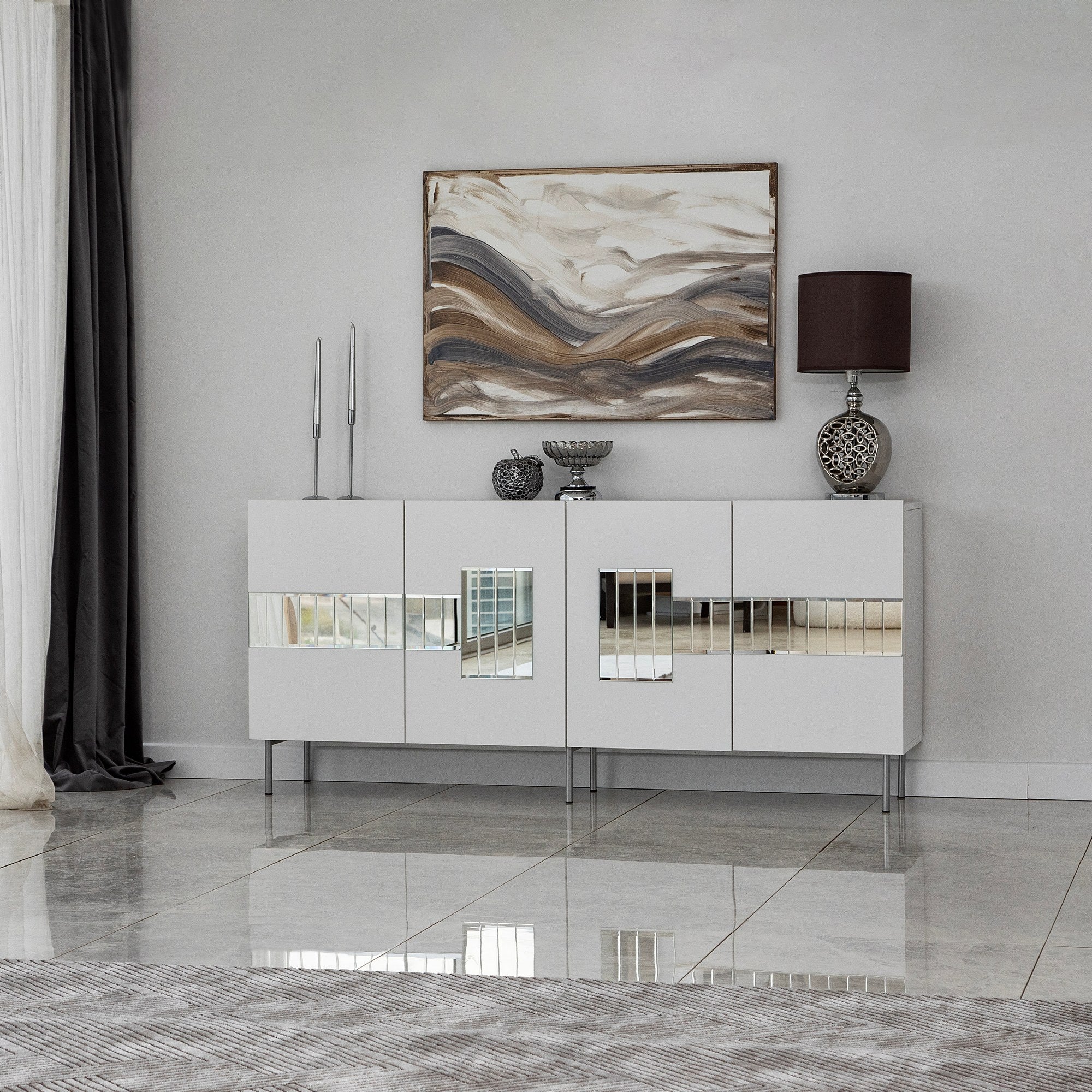 Aparador Elegante, Branco e Prateada, 180 x 80 x 40 cm | Painel de Partículas 100% Revestido em Melamina, 18 mm de Espessura | Armazenamento Elegante para Casas Modernos