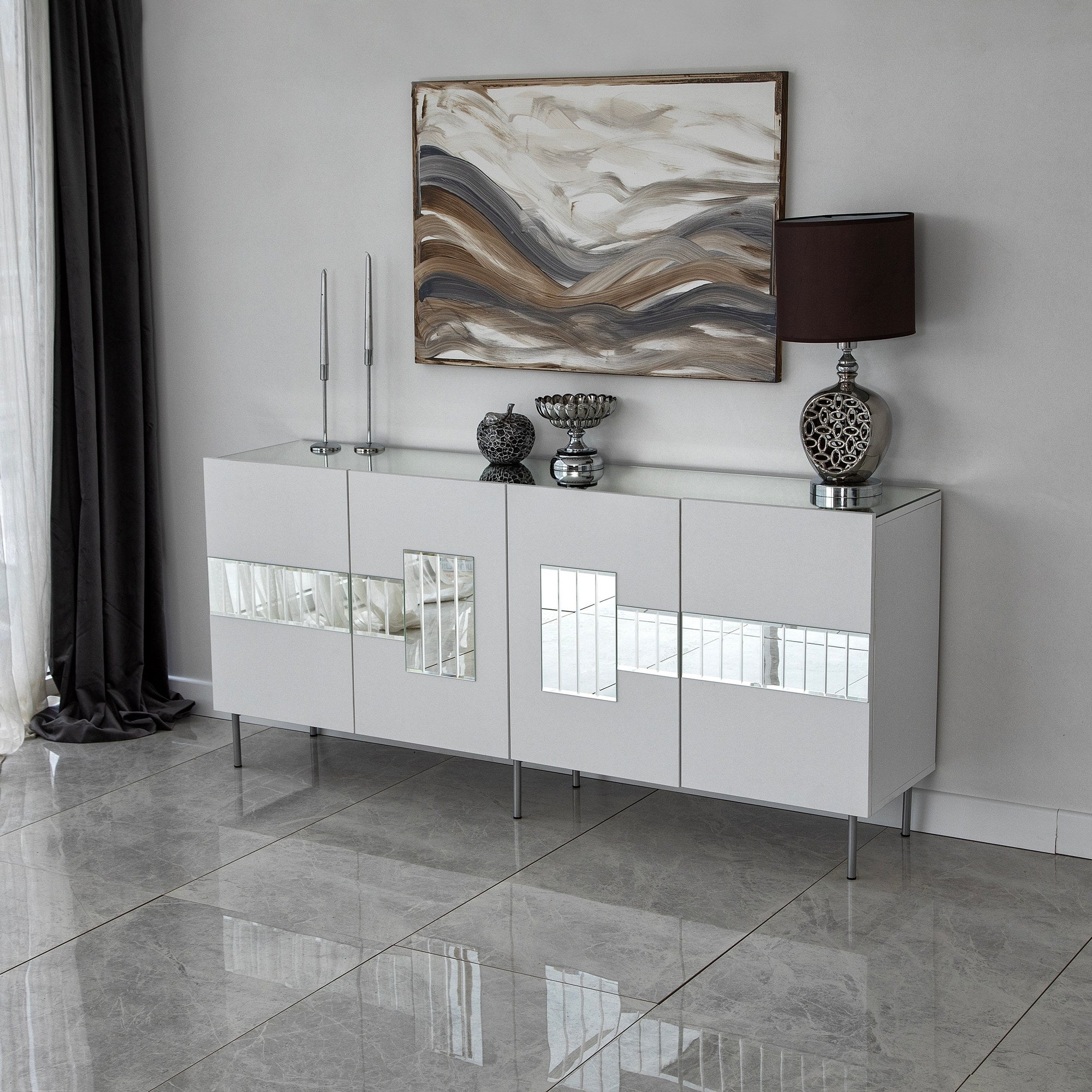 Aparador Elegante, Branco e Prateada, 180 x 80 x 40 cm | Painel de Partículas 100% Revestido em Melamina, 18 mm de Espessura | Armazenamento Elegante para Casas Modernos