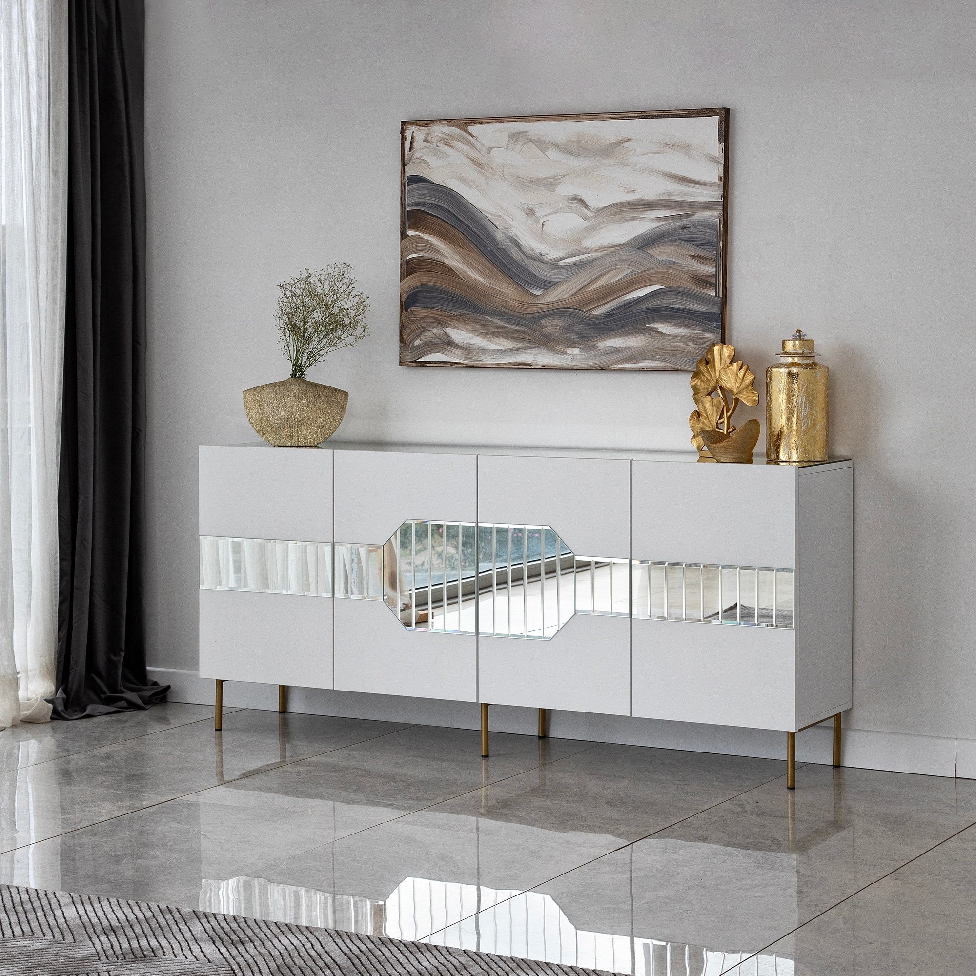 Aparador Elegante em Branco e Dourado, 180 x 40 x 80 cm | Painel de Partículas 100% Revestido em Melamina, 18 mm de Espessura | Armazenamento Elegante para Espaços Modernos
