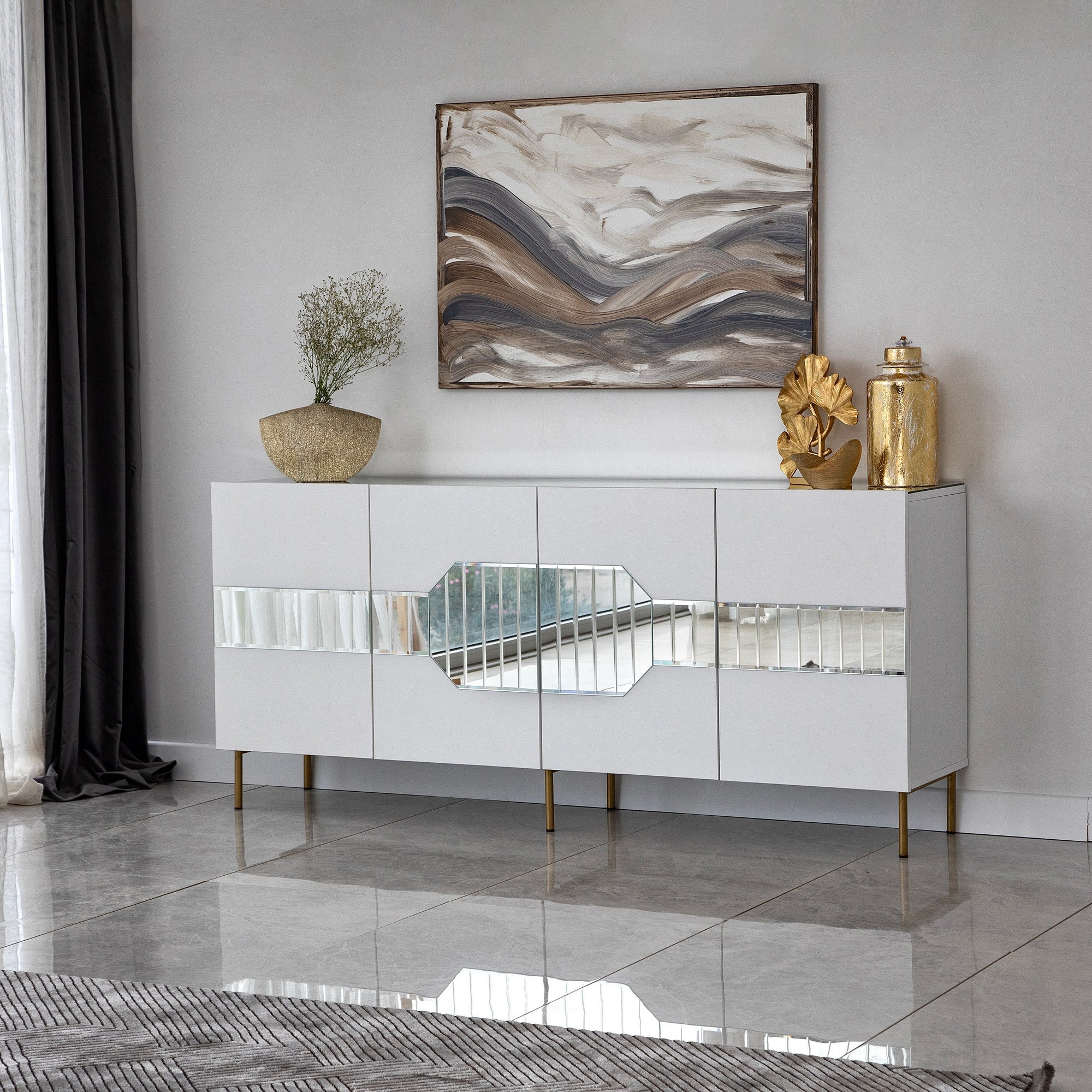 Aparador Elegante em Branco e Dourado, 180 x 40 x 80 cm | Painel de Partículas 100% Revestido em Melamina, 18 mm de Espessura | Armazenamento Elegante para Espaços Modernos