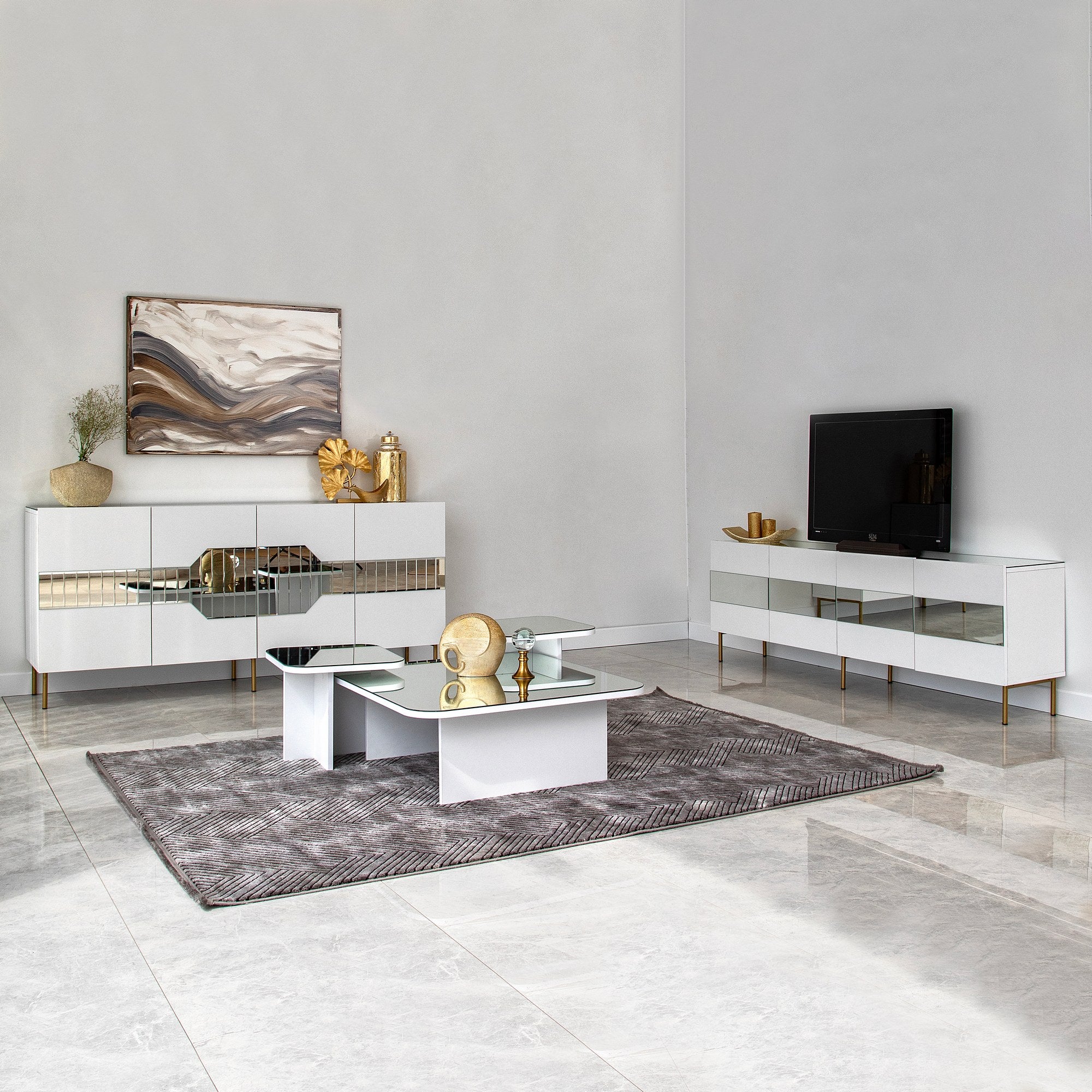 Aparador Elegante em Branco e Dourado, 180 x 40 x 80 cm | Painel de Partículas 100% Revestido em Melamina, 18 mm de Espessura | Armazenamento Elegante para Espaços Modernos