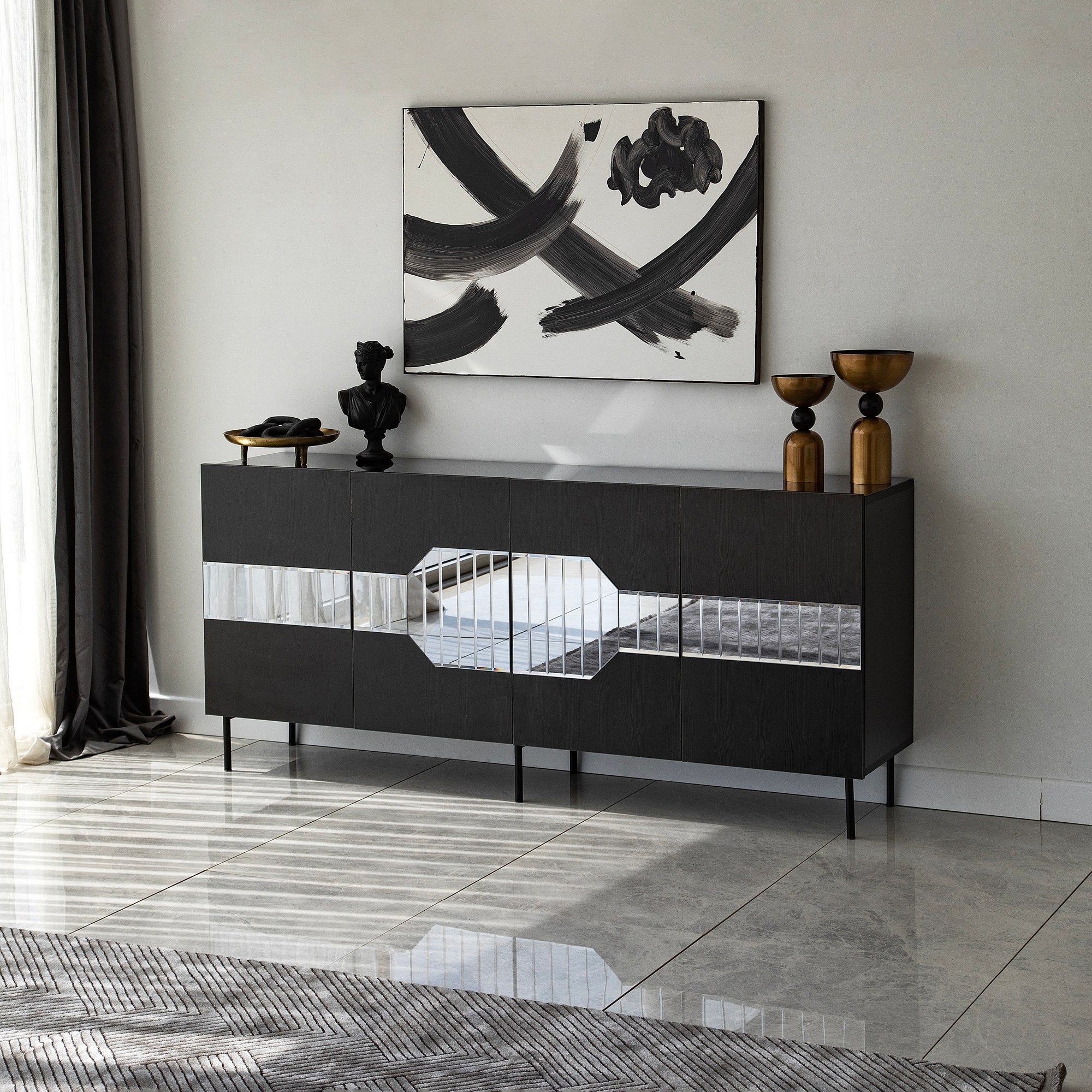Aparador Elegante, Preta e Fumê, 180 x 80 x 40 cm | Painel de Partículas 100% Revestido em Melamina, 18 mm de Espessura | Design Moderno para Casa e Escritório
