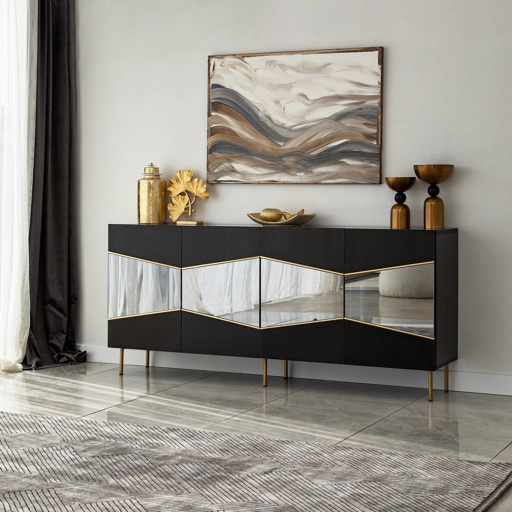 Aparador Elegante, Preta e Fumê, 180 x 80 x 40 cm | Painel de Partículas 100% Revestido em Melamina, 18 mm de Espessura | Design Moderno para Casa e Escritório