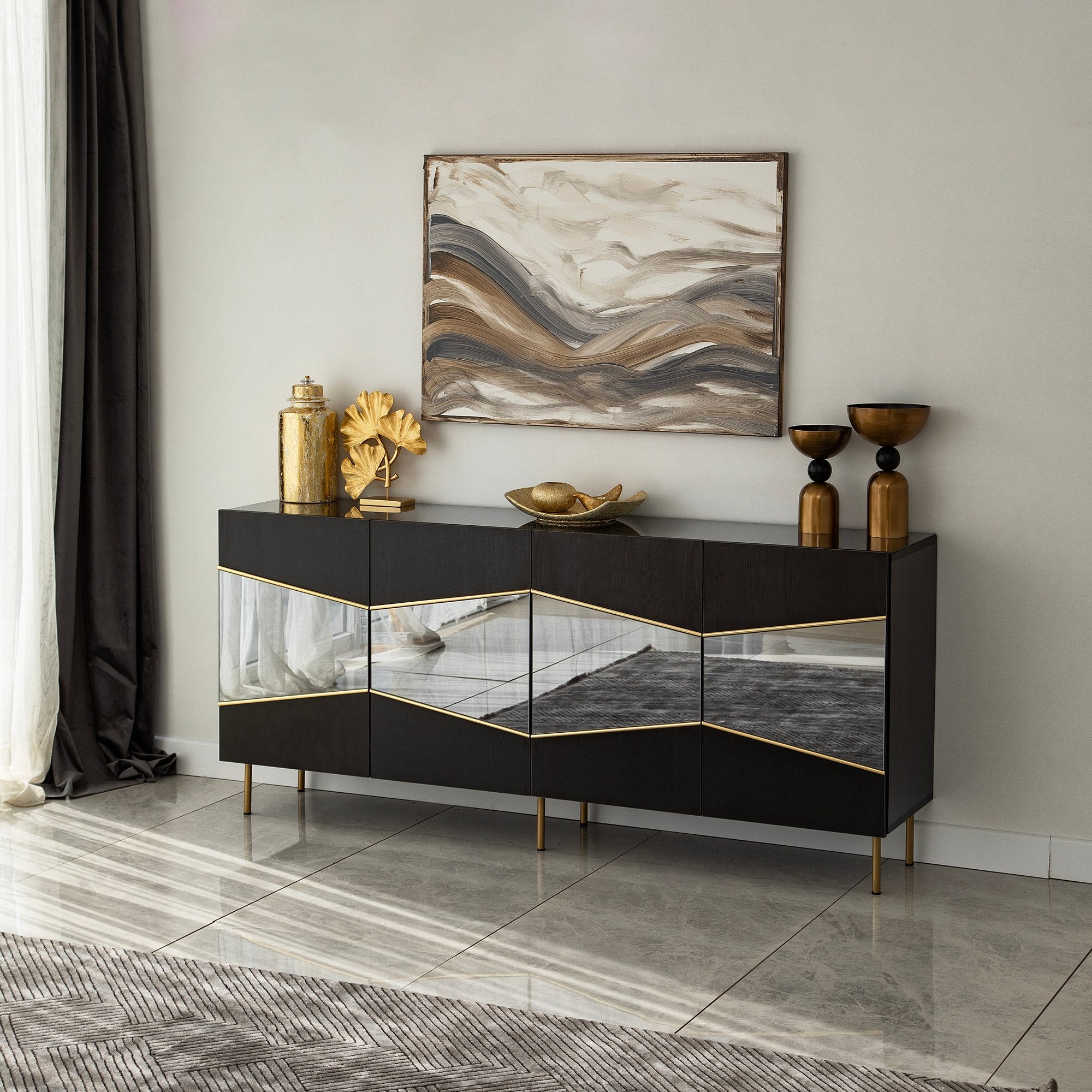 Aparador Elegante, Preta e Fumê, 180 x 80 x 40 cm | Painel de Partículas 100% Revestido em Melamina, 18 mm de Espessura | Design Moderno para Casa e Escritório