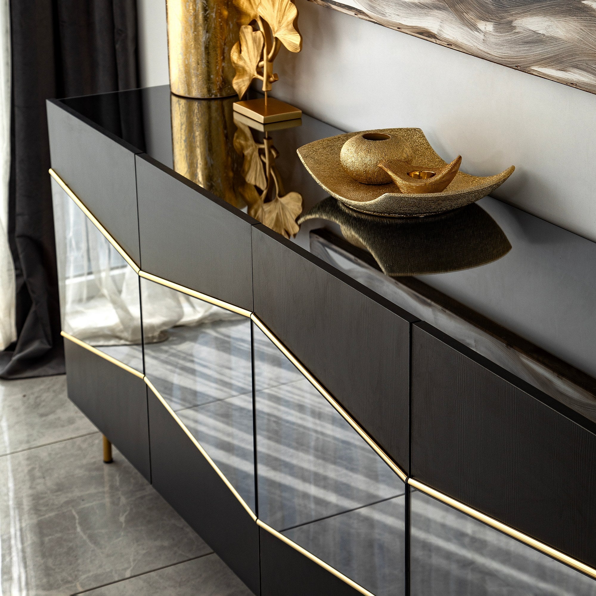 Aparador Elegante, Preta e Fumê, 180 x 80 x 40 cm | Painel de Partículas 100% Revestido em Melamina, 18 mm de Espessura | Design Moderno para Casa e Escritório