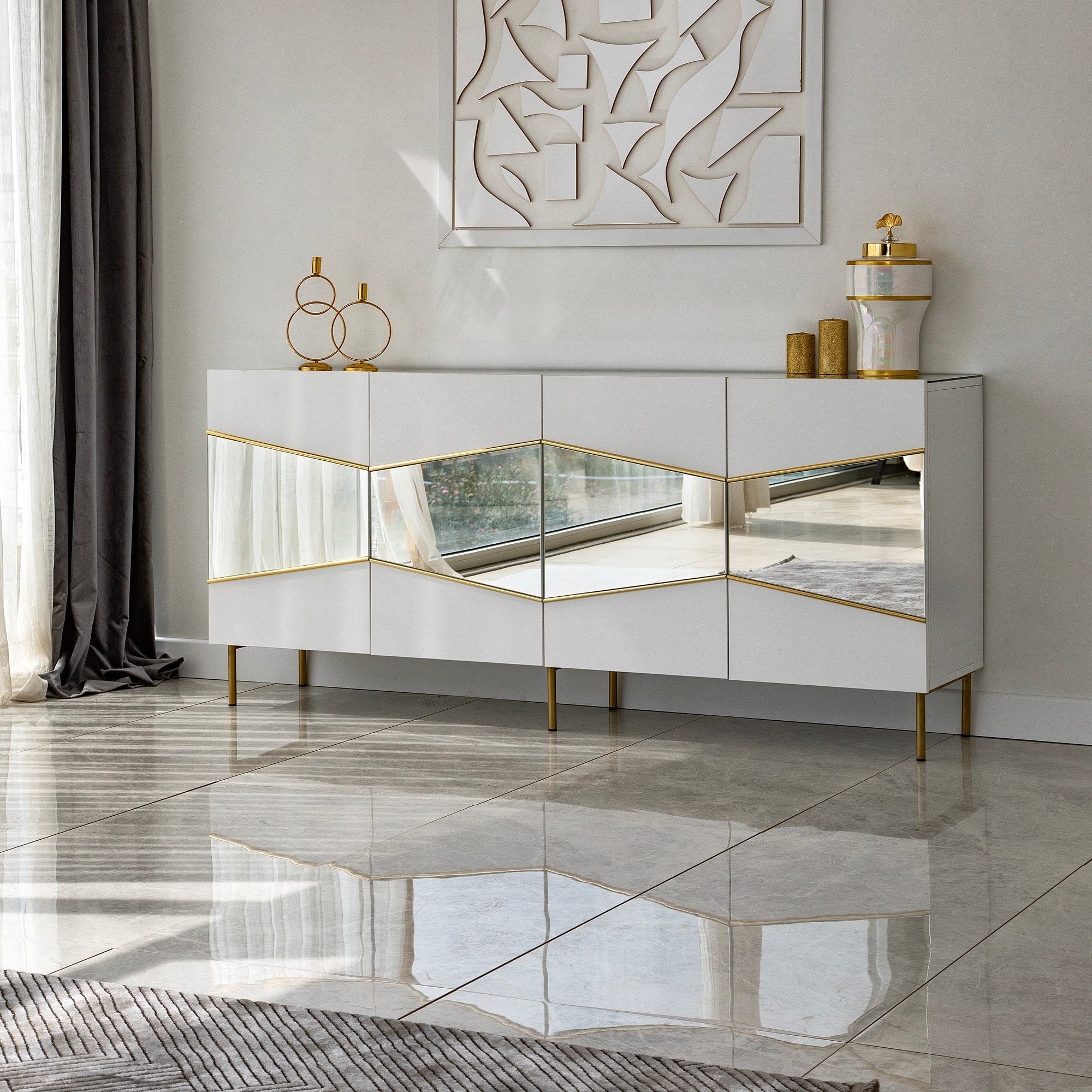 Aparador Elegante em Branco e Dourado, 180 x 40 x 80 cm | Painel de Partículas 100% Revestido em Melamina, 18 mm de Espessura | Armazenamento Elegante para Espaços Modernos