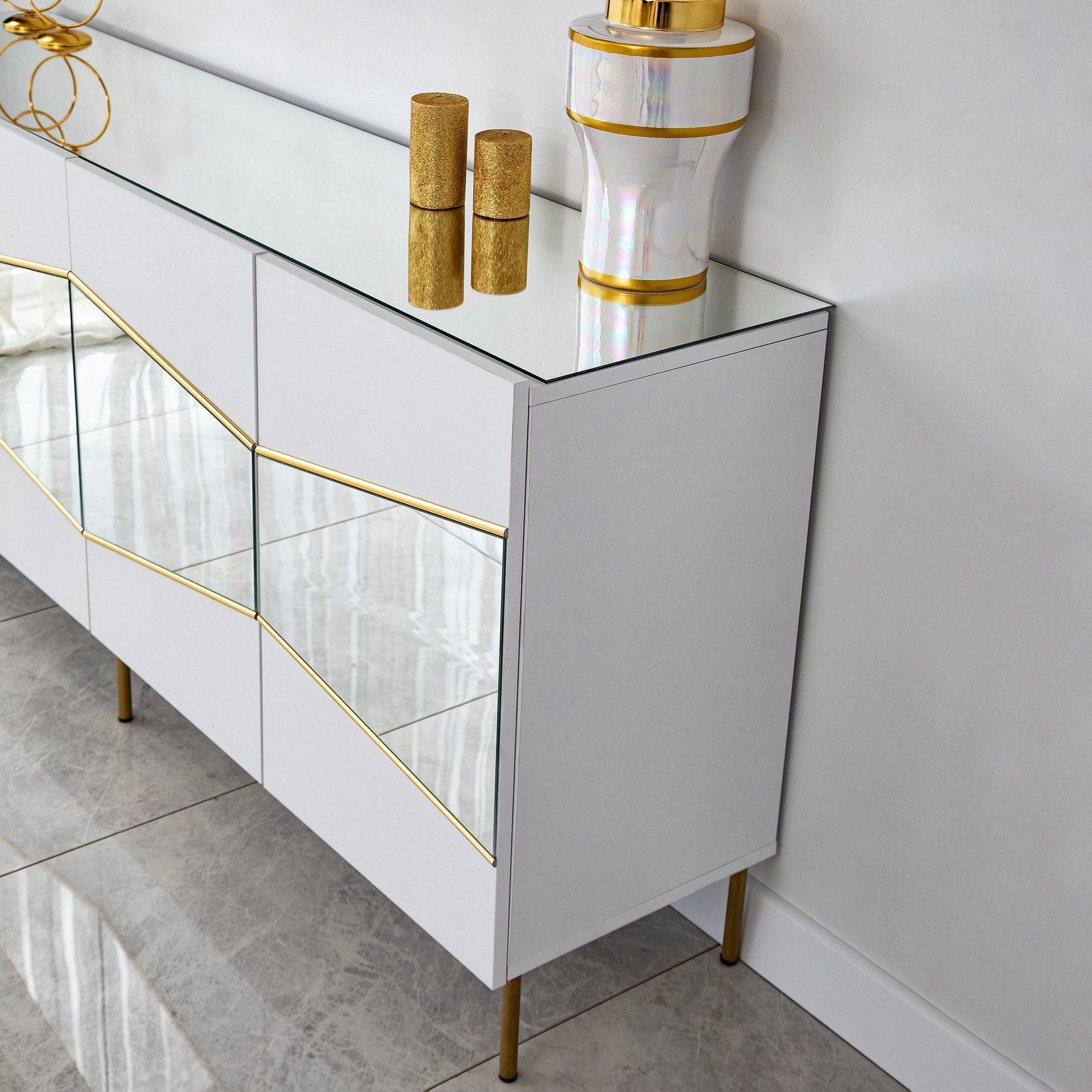 Aparador Elegante em Branco e Dourado, 180 x 40 x 80 cm | Painel de Partículas 100% Revestido em Melamina, 18 mm de Espessura | Armazenamento Elegante para Espaços Modernos
