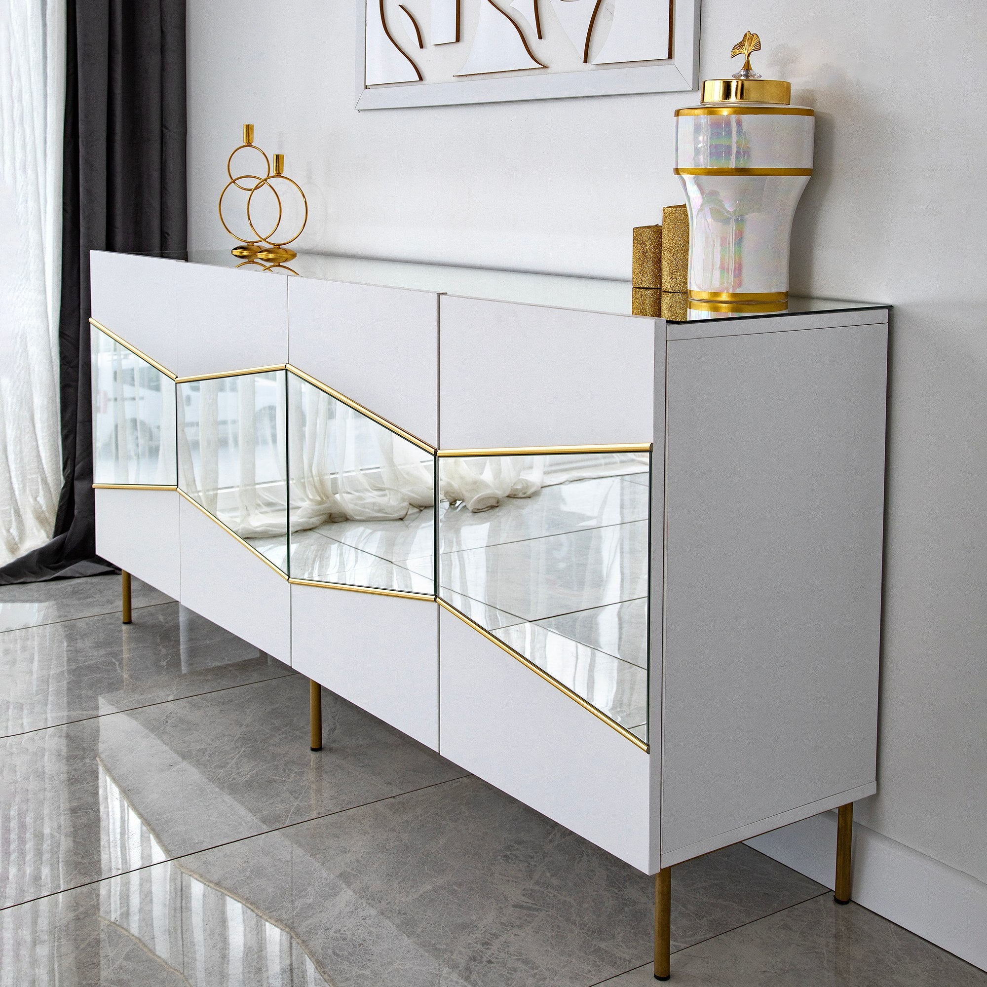 Aparador Elegante em Branco e Dourado, 180 x 40 x 80 cm | Painel de Partículas 100% Revestido em Melamina, 18 mm de Espessura | Armazenamento Elegante para Espaços Modernos