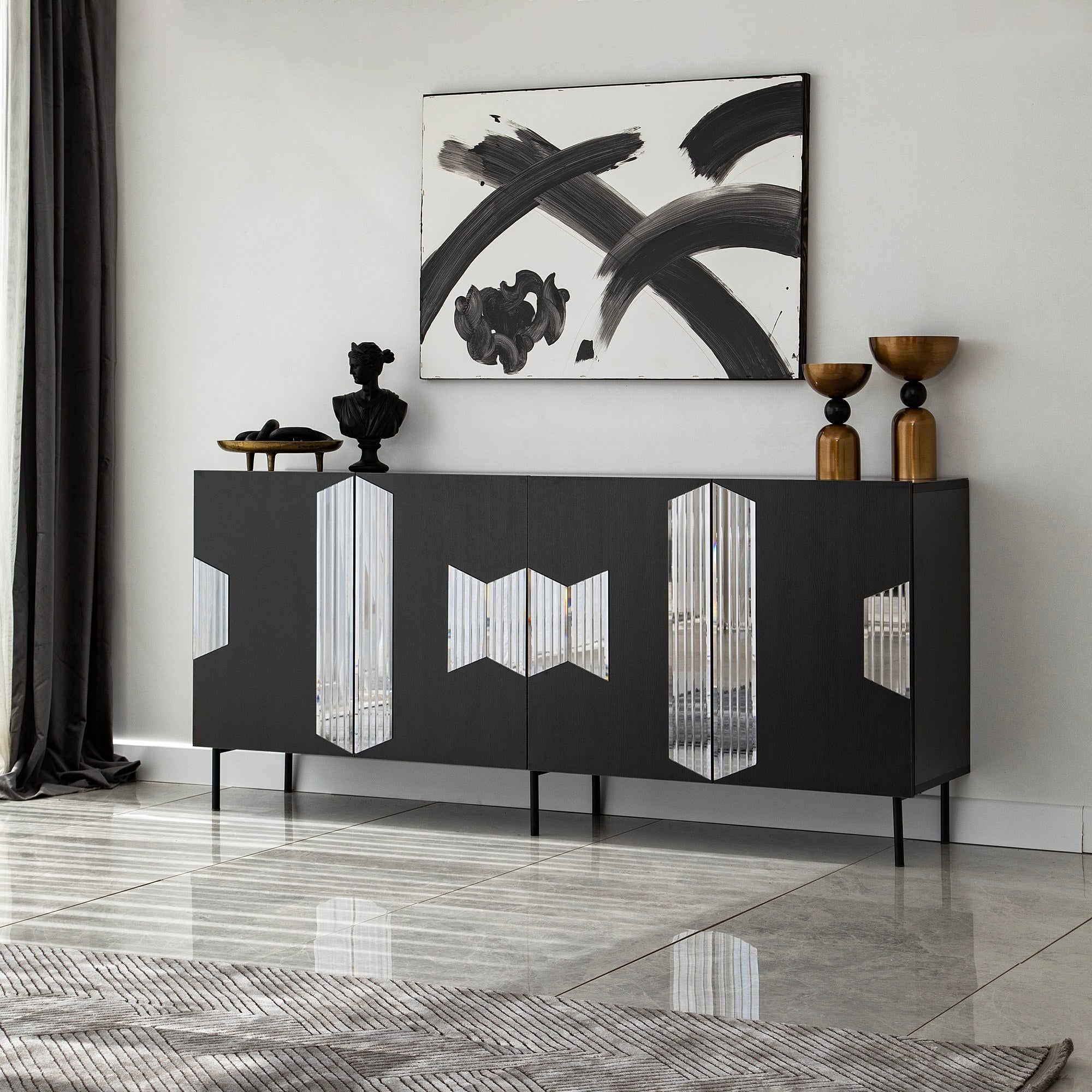 Aparador Elegante, Preta e Fumê, 180 x 80 x 40 cm | Painel de Partículas 100% Revestido em Melamina, 18 mm de Espessura | Design Moderno para Casa e Escritório
