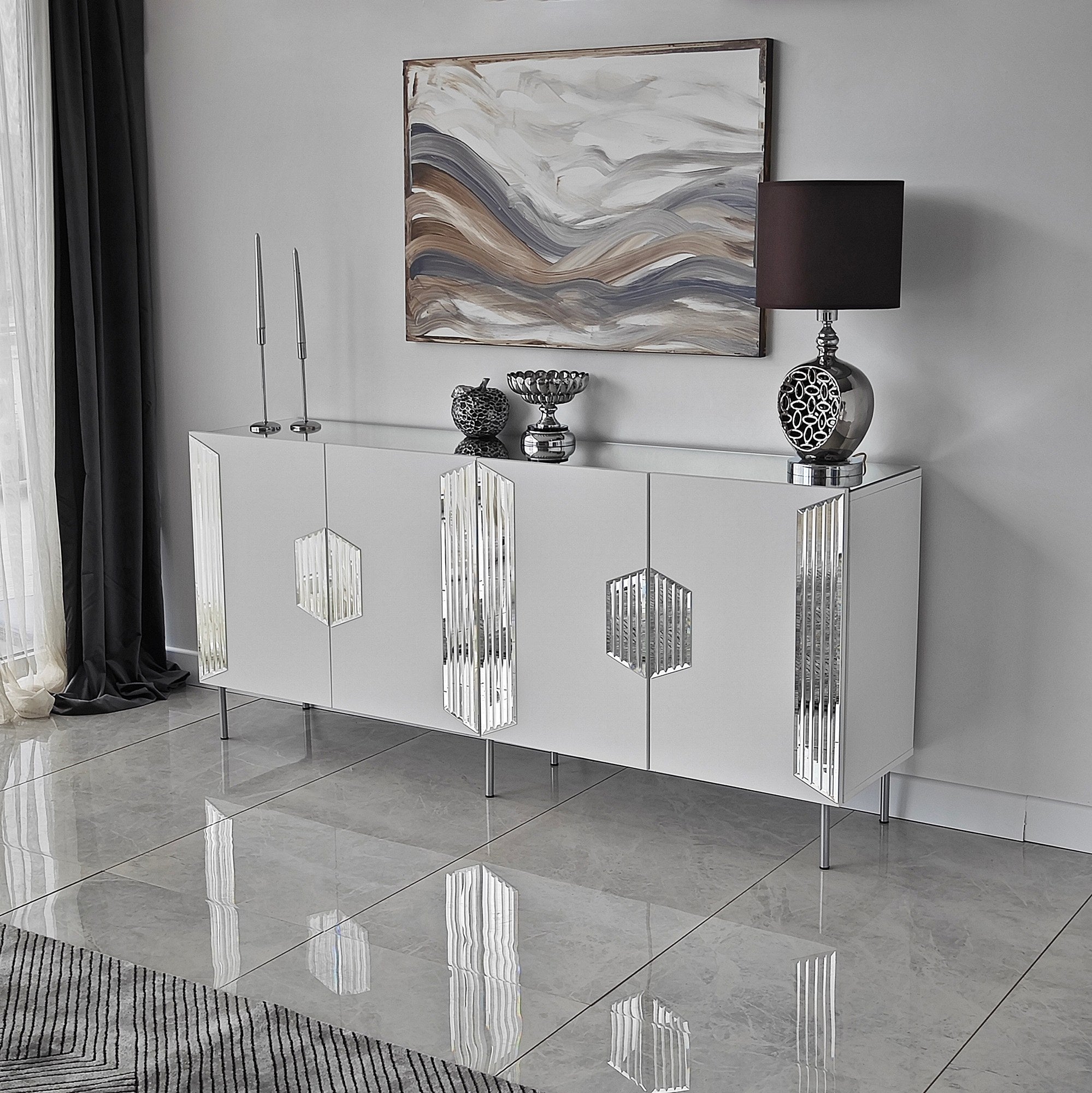 Aparador Elegante, Branco e Prateada, 180 x 80 x 40 cm | Painel de Partículas 100% Revestido em Melamina, 18 mm de Espessura | Armazenamento Elegante para Casas Modernos